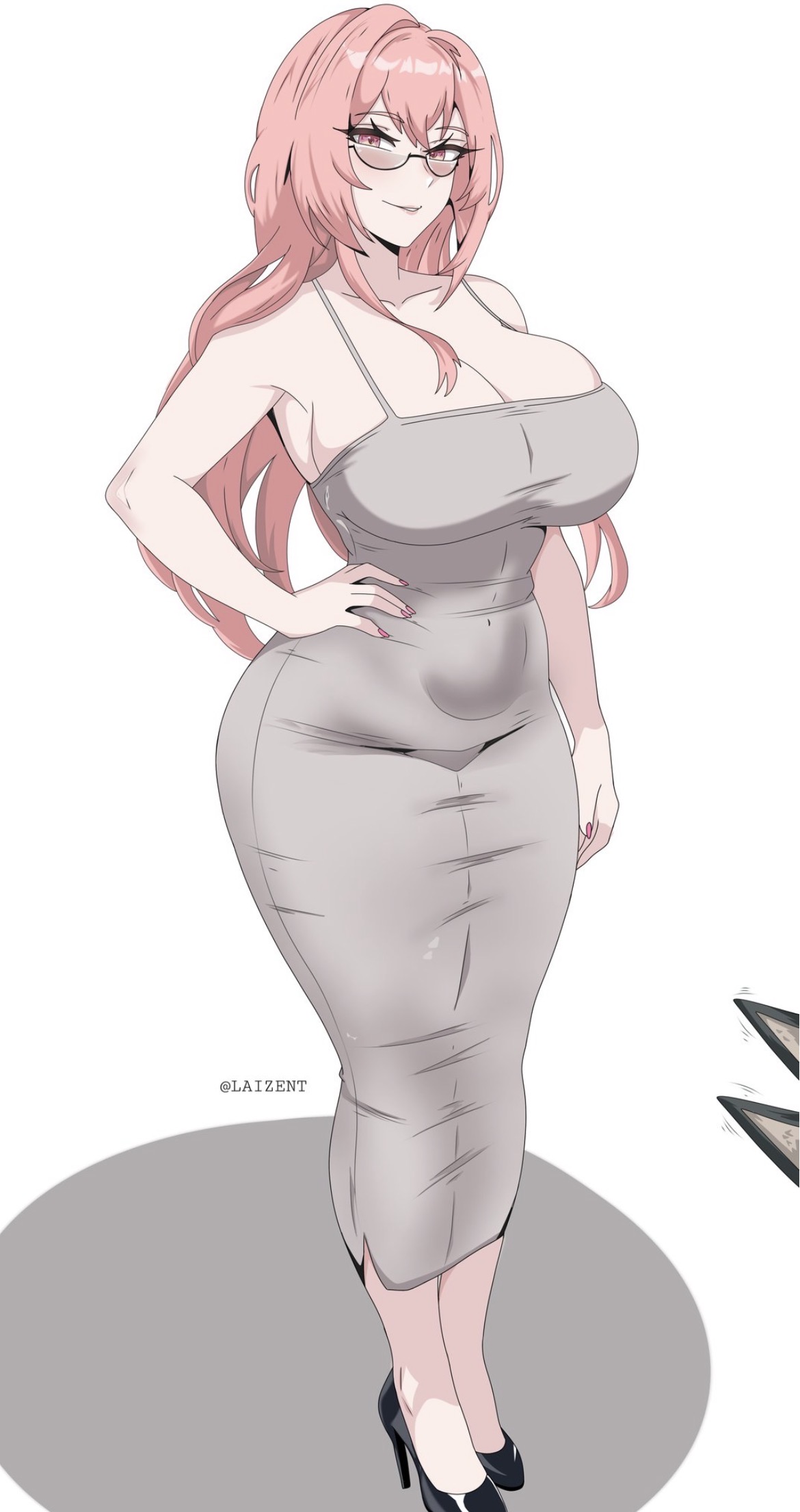 1girls, artzyzen, bangs, busty female, cleavage, covered navel, curvy, curvy female, dress, female, full body, glasses, hand on hip, high heels, hourglass figure, huge ass, huge breasts, laizent art, long hair, looking at viewer, mature female, pink hair, standing, stretched clothing, thick thighs, tight clothing, tight dress, tsukishiro yanagi, wide hips, zenless zone zero