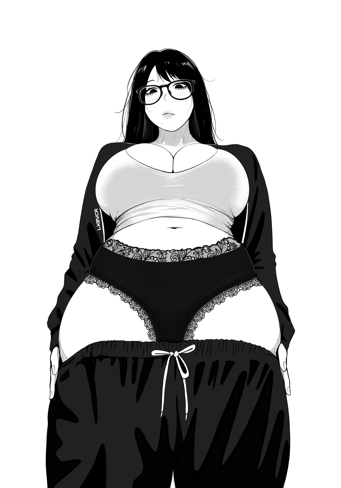 belly, belly button, big breasts, black eyes, black hair, blush, breasts, cleavage, drawstring bottomwear, female, female only, glasses, hands on thighs, jacket, jacket open, lace-trimmed panties, large breasts, long hair, looking at viewer, looking down, looking down at viewer, lxzvcr, messy hair, monochrome, navel, original, original character, panties, pants around thighs, pants down, pants pulled down, sports bra, sweatpants, tagme, thick thighs, tight clothing, viewed from below, voluptuous, waiting, wide hips