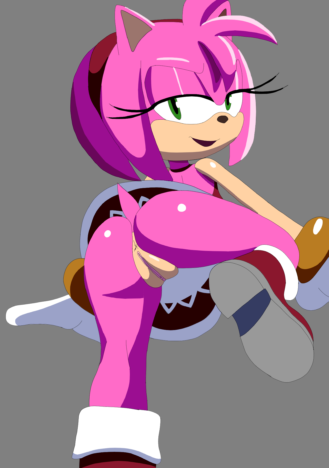 2026, aerosin, amy rose, anthro, anus, ass, bottomless, bottomless skirt, clothed, clothing, dress, eulipotyphlan, female, footwear, genitals, hedgehog, hi res, long legs, looking at viewer, mammal, mooning, pink body, sega, shoes, simple background, smile, solo, sonic (series), sonic the hedgehog (series), standing, tail, upskirt, vulva