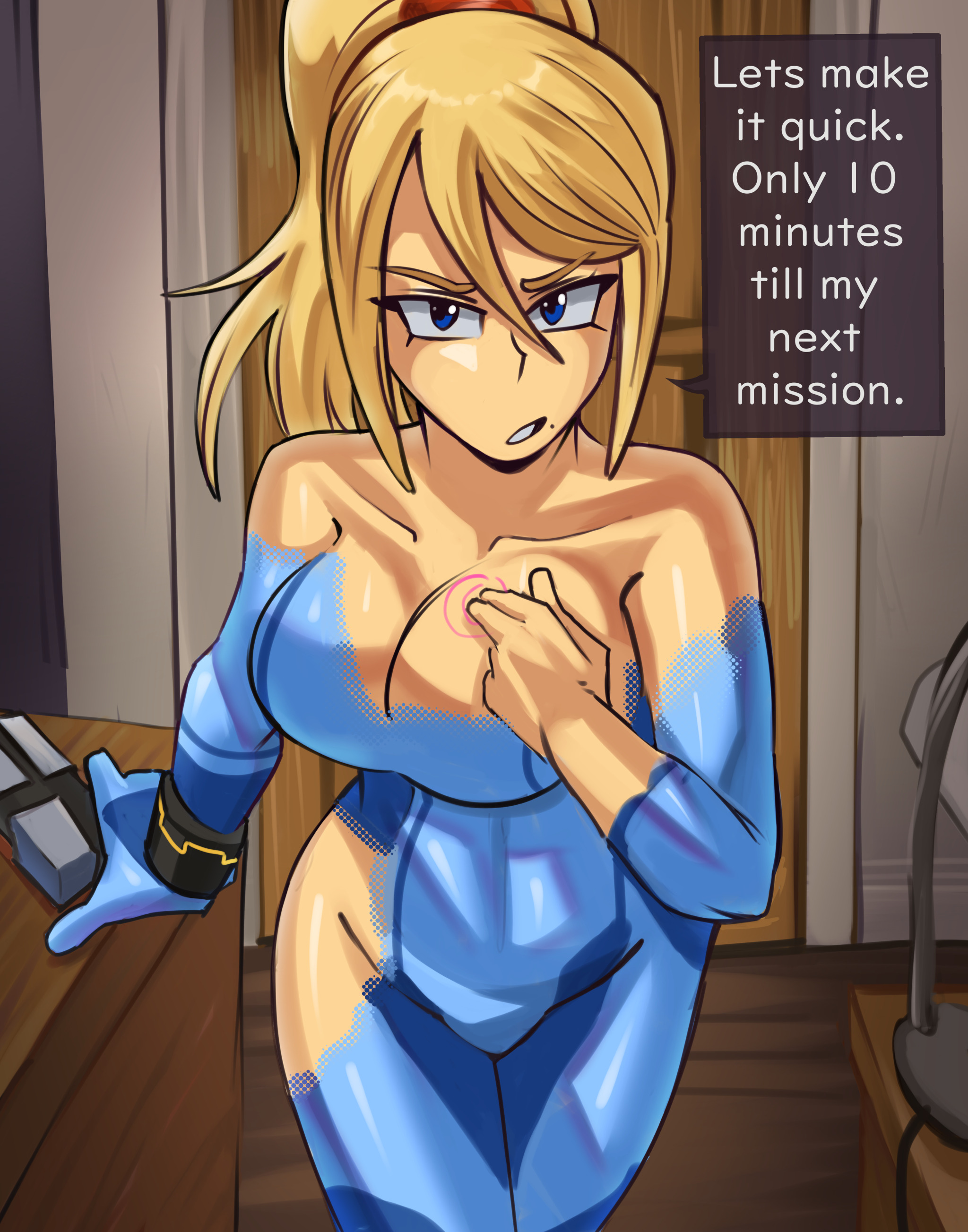1girls, big breasts, blonde female, blonde hair, blonde-haired female, blue eyes, breasts, child bearing hips, cleavage, clothes removed, dialogue, disappearing clothes, english text, fast sex, female, female focus, female only, gun, hip dips, hips, imminent nudity, imminent sex, large breasts, long hair, looking at viewer, metroid, moxydrawsmore, no bra, offscreen character, ponytail, quickie, samus aran, solo, solo female, solo focus, speech bubble, thick thighs, thighs, undressed, undressing, undressing self, wide hips, zero suit, zero suit samus