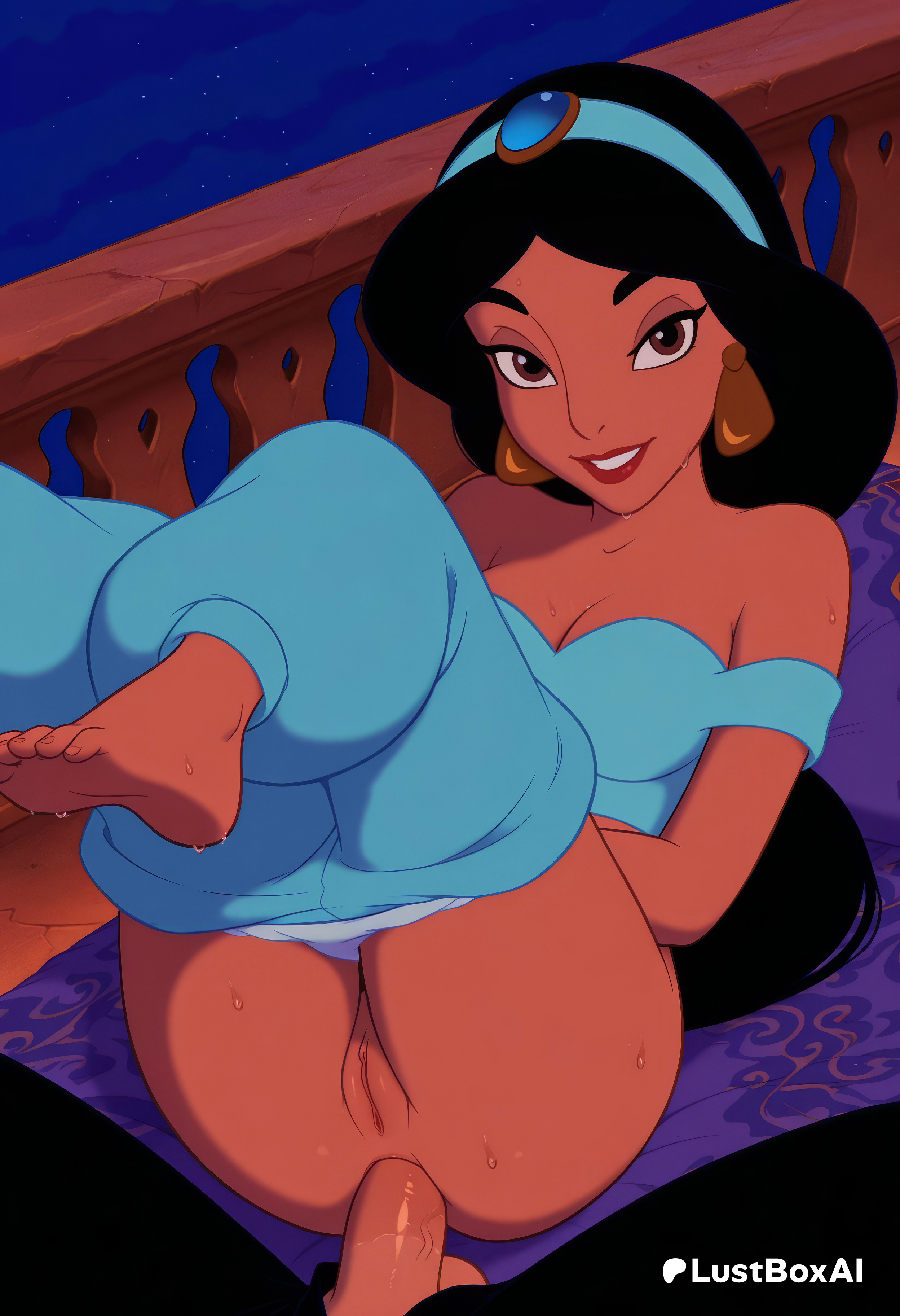 1boy, 1boy1girl, 1girls, ai generated, aladdin, aladdin (1992 disney film), anal, anal sex, artist name, ass, bare shoulders, barefoot, black hair, blue pants, blue shirt, breasts, brown eyes, cleavage, clothed sex, clothes pull, dark skin, dark-skinned female, disney, disney princess, earrings, feet, female, hairband, hi res, jasmine (aladdin), jewelry, legs up, lips, long hair, looking at viewer, lustboxai, medium breasts, night, night sky, off shoulder, off-shoulder shirt, pants, pants pull, patreon username, penis, princess, princess jasmine, pussy, red lips, royalty, sex, shirt, sky, smile, solo focus, star (sky), starry sky, straight, sweat, toes, uncensored, underwear