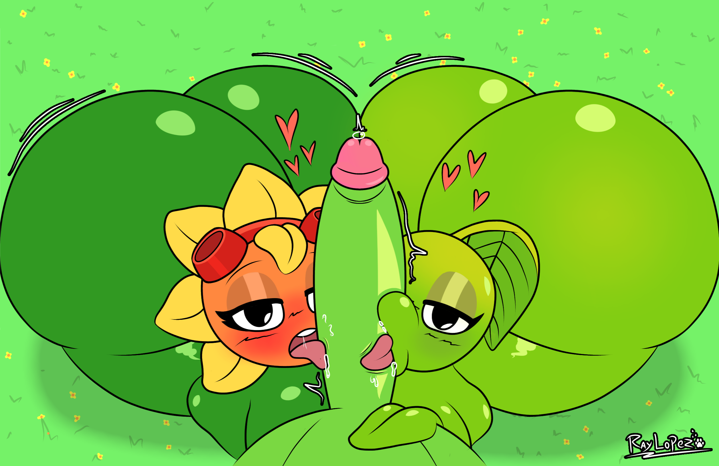 1boy, 2026, 2girls, background, big ass, big penis, blush, blush lines, bottom heavy, breedable hips, collaborative fellatio, comic panel, digital drawing (artwork), digital media (artwork), dragon bruit (pvz), eyelashes, female, grass, green skin, heart, hearts, high resolution, highres, huge ass, huge butt, huge cock, kissing penis, leaf, leaf hands, licking, licking penis, looking up, male, nude, nude female, onomatopoeia, peashooter (pvz), penis, petals, plant, plant girl, plants vs zombies, plants vs zombies 2: it's about time, plants vs zombies: heroes, png, popcap games, pov, precum, precum drip, pvz, pvz 2, raylopez, solar flare (pvz), thick thighs, thighs, tongue, tongue out, voluptuous, voluptuous female