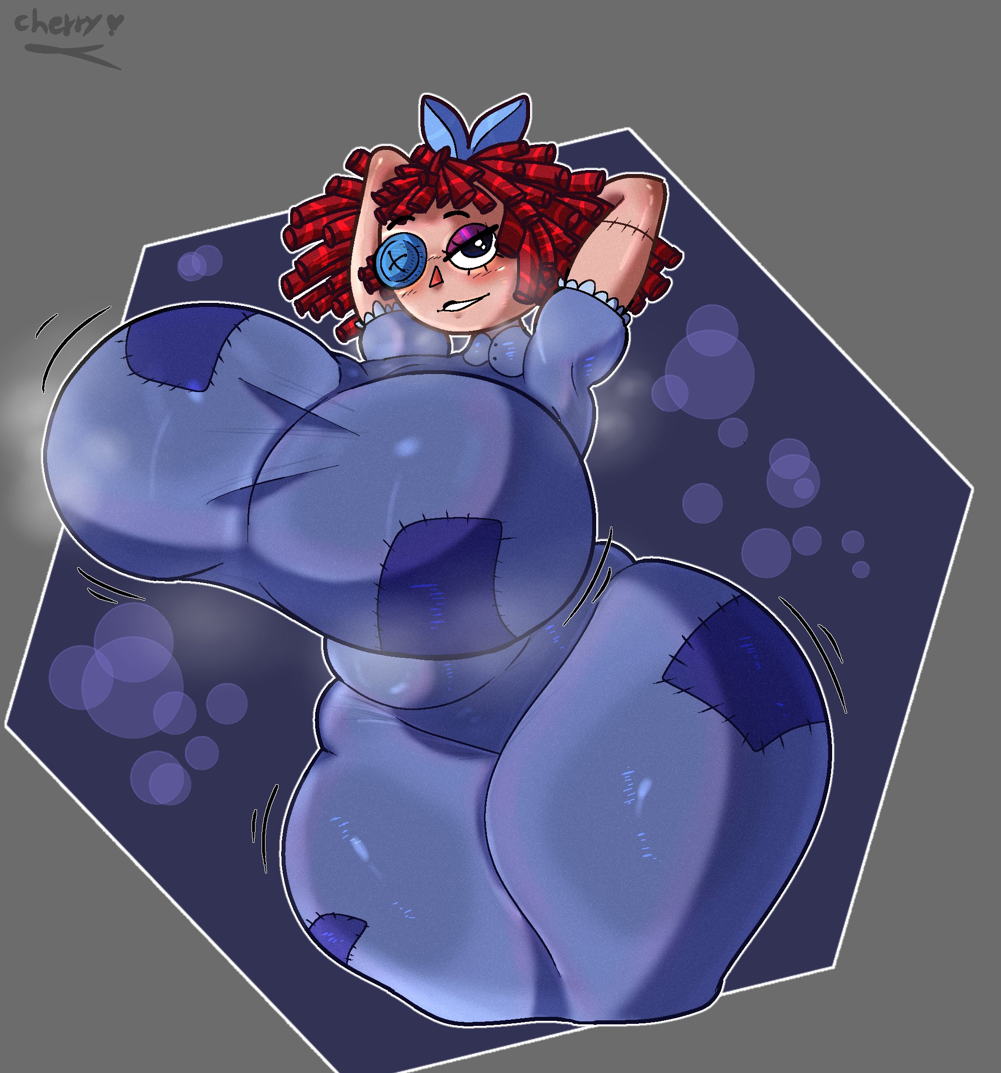 bedroom eyes, blush, bow, button eye, doll girl, fully clothed female, glitch productions, gooseworx, huge ass, huge breasts, phantomboy900, ragatha, ragatha (tadc), ragatha (the amazing digital circus), ragdoll, red hair, red-haired female, tagme, the amazing digital circus, wide hips