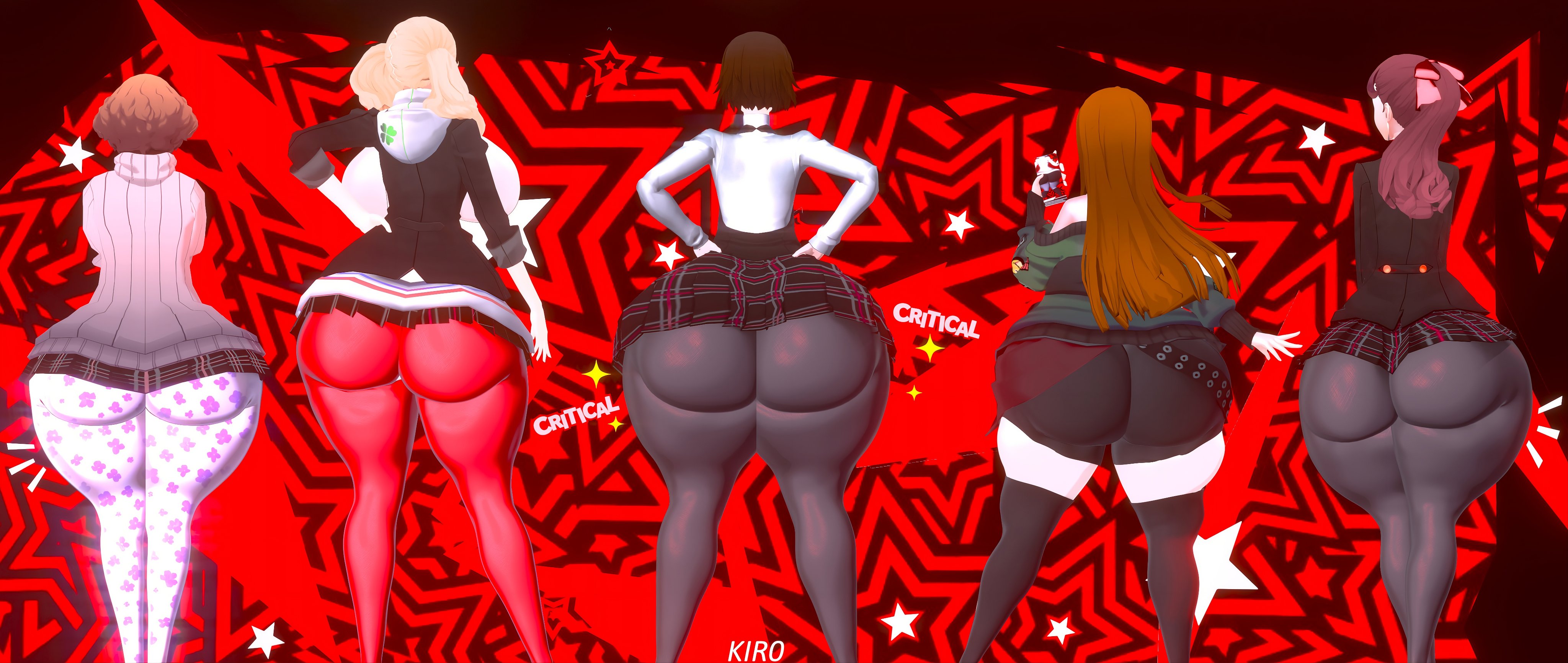 3d, 6girls, ann takamaki, ass, ass chart, big ass, big breasts, black legwear, blonde hair, brown hair, clothing, female, female only, from behind, full body, haru okumura, huge ass, huge breasts, kasumi yoshizawa, kiro93591529, long hair, makoto niijima, multiple girls, orange hair, pantyhose, persona, persona 5, persona 5 royal, persona 5 scramble: the phantom strikers, red hair, sakura futaba, school uniform, short hair, skirt, sophia (persona 5), standing, star (symbol), sumire yoshizawa, tagme, thick thighs, thighs, thong, white legwear