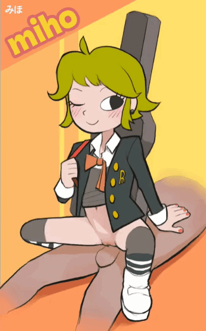 animated, bemani, blush, bottomless, clothed female nude male, clothed sex, cowgirl position, femdom, happy, happy sex, kinshi76, miho (pop'n music), no panties, nude, one eye closed, pop'n music, reverse cowgirl position, school uniform, sex, short hair, smile, straddling, thighhighs, uncensored, vaginal penetration, vilion case