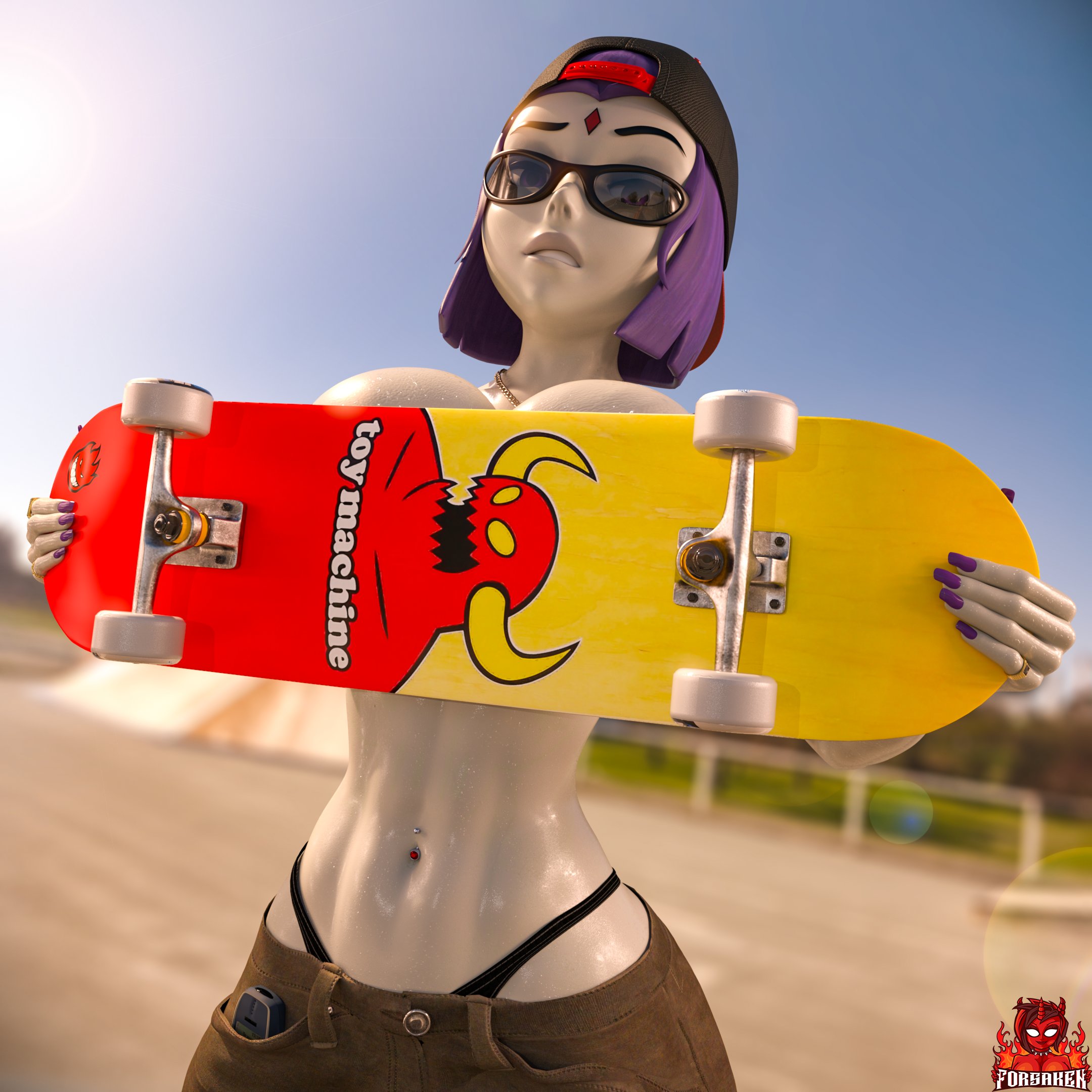 3d, abs, alternate outfit, cartoon network, dc comics, forsaken (artist), grey body, hi res, huge breasts, implied nudity, muscular, raven (dc), skateboard, sunglasses, sweat, tagme, teen titans, thong, thong straps, tinted eyewear