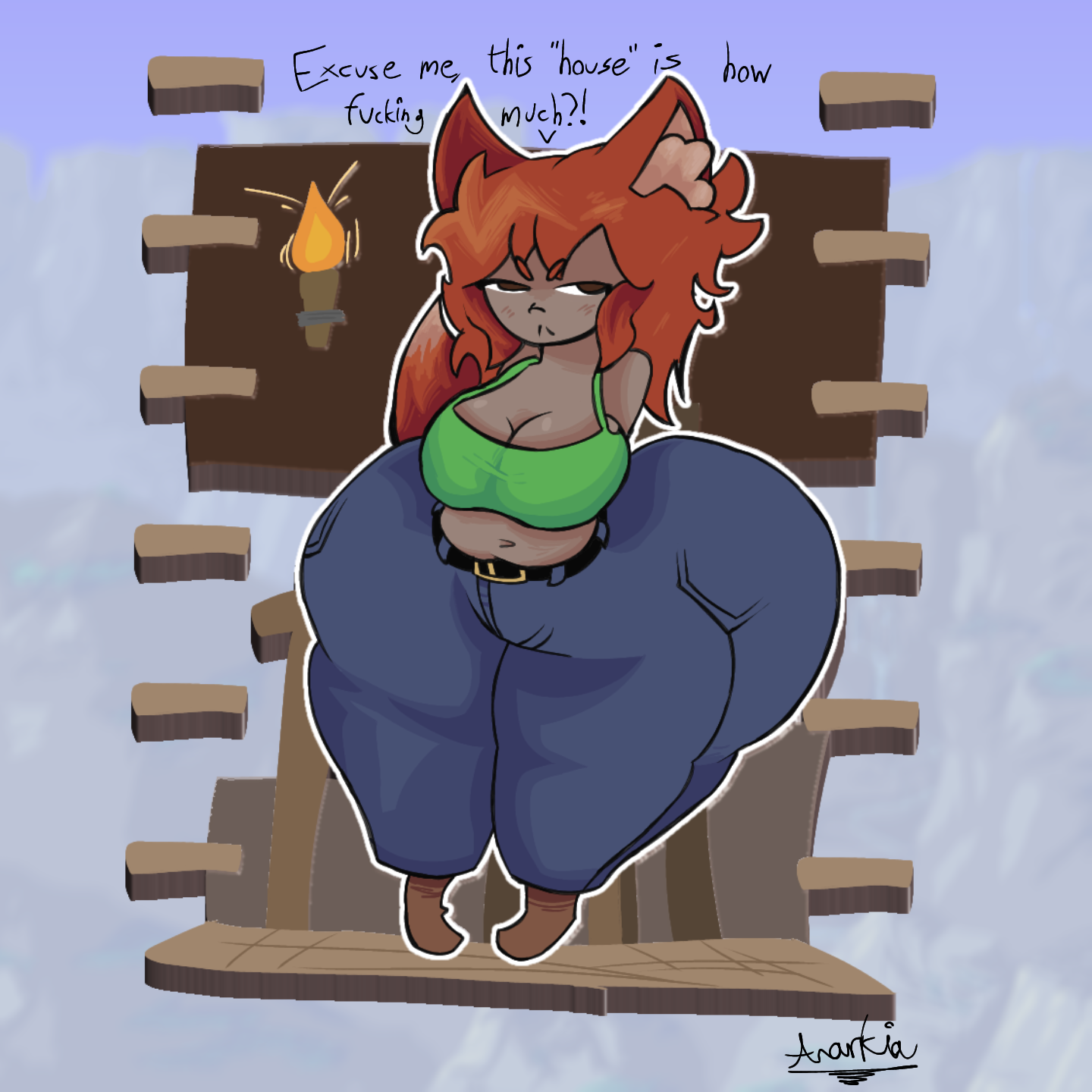 aaanarkia, angry, ass, belly, big ass, big breasts, big thighs, breasts, chubby, cleavage, clothed, clothing, dark skin, fox ears, fox girl, fox tail, huge ass, huge thighs, hyper ass, hyper thighs, meme, red hair, tank top, terraria, thicc, thick ass, thick thighs, thighs, thunder thighs, thunderthighs, wide hips, wide thighs, zoologist (terraria)