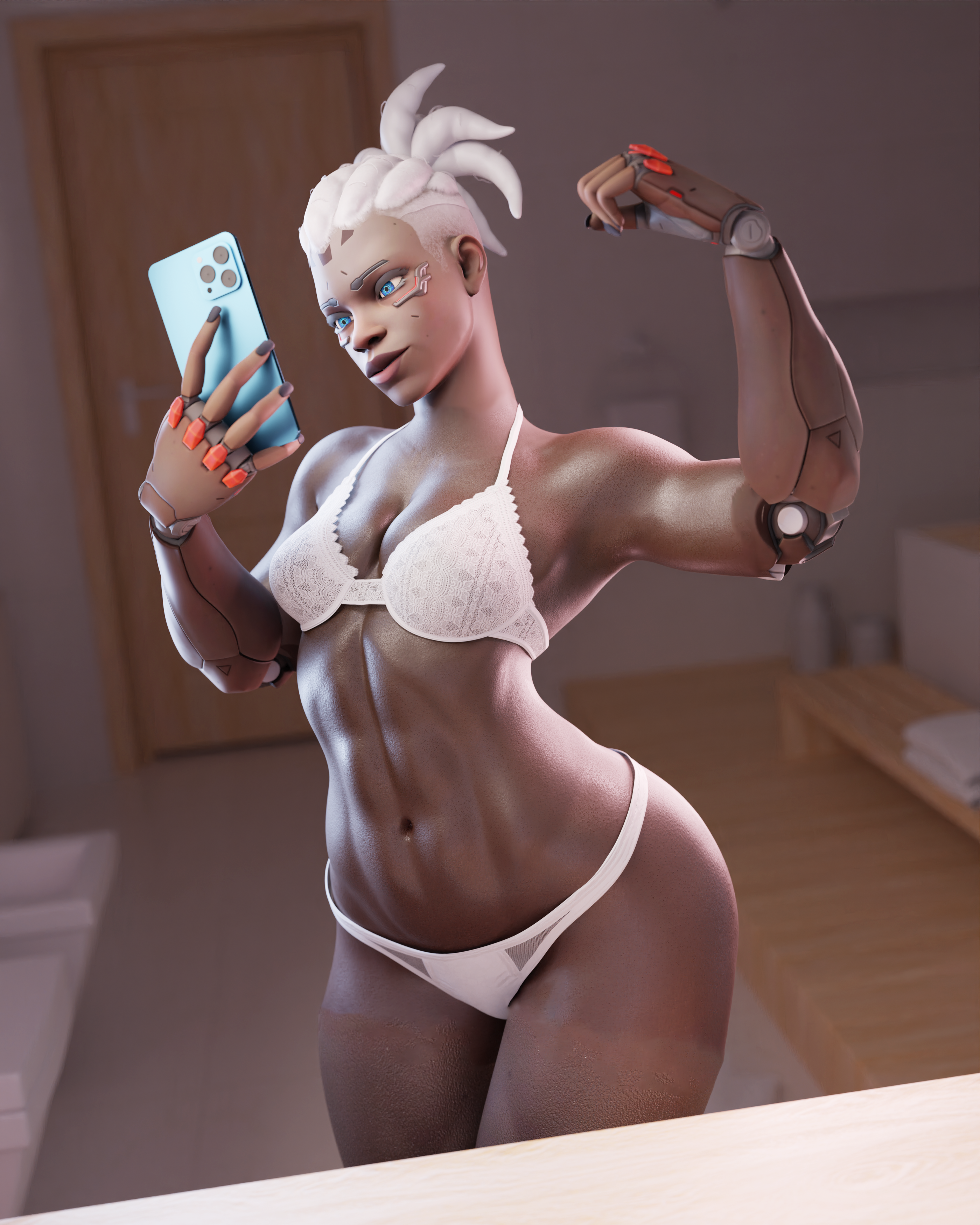 3d, african, african female, blizzard entertainment, bra, cyborg, cyborg girl, dreadlocks, ebony, ebony female, female, female only, flexing, francis brown, gilf, grey hair, long nails, mature, mature female, mirror, mirror selfie, old woman, overwatch, overwatch 2, panties, prosthetic arm, pussy, sojourn (overwatch), white bra, white hair, white panties