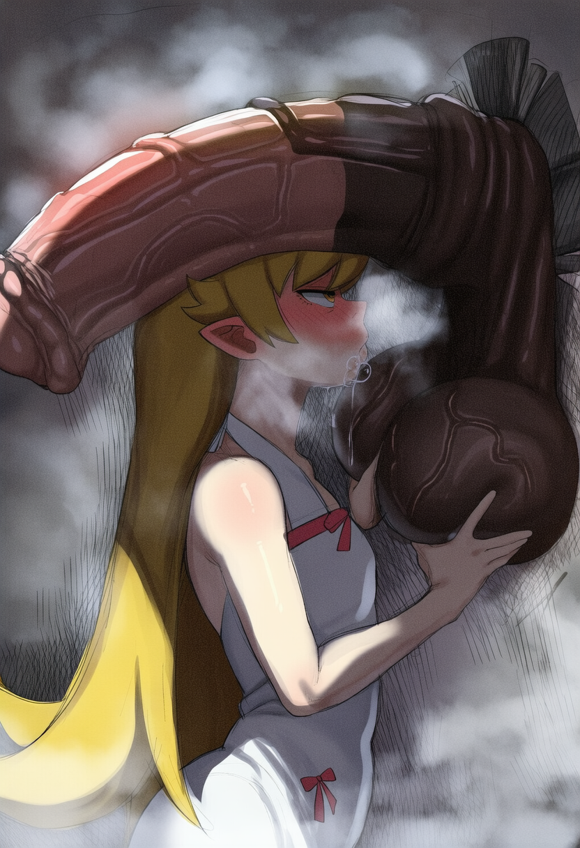 1boy, 1girls, 2026, ai generated, animal genitalia, anthro, anthro on human, bigtub7775, cock worship, horse penis, horsecock, interspecies, oshino shinobu, penis on face, tagme, yellow hair