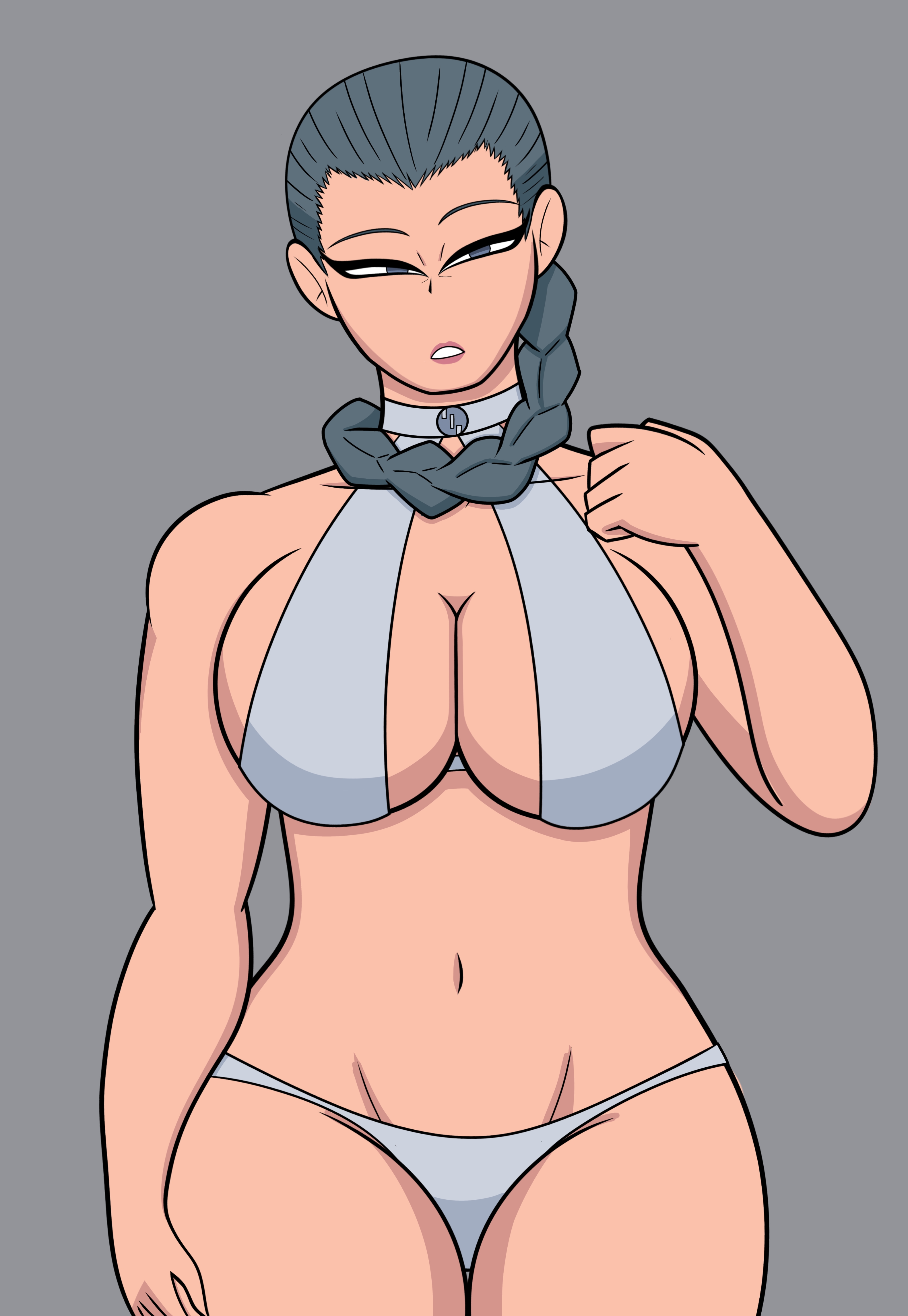 1girls, big breasts, bikini, braid, braided hair, braided ponytail, breasts, clothed, clothing, female, female only, grey hair, image comics, invincible, long hair, long hair female, navel, open mouth, partially clothed, ponytail, simple background, solo, standing, teeth, thick thighs, thula, viltrumite, white bikini