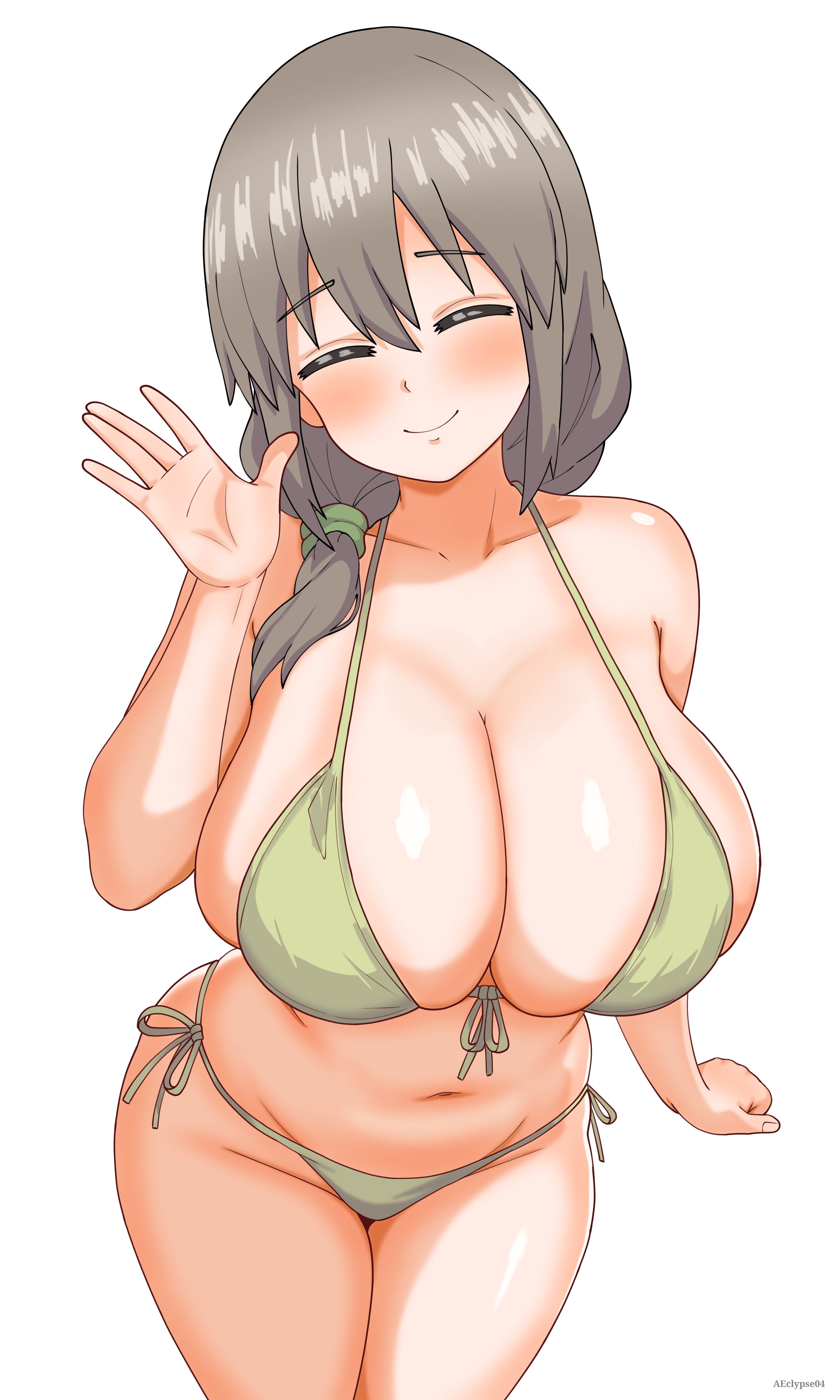 1girls, big breasts, bikini, bikini bottom, bikini top, bottomwear, breasts, cleavage, closed eyes, eclypse, female, female only, green bikini, grey hair, hair, hips, huge breasts, mature, mature female, mature woman, milf, mother, solo, solo female, swimwear, thighs, topwear, uzaki tsuki, uzaki-chan wa asobitai!, white background