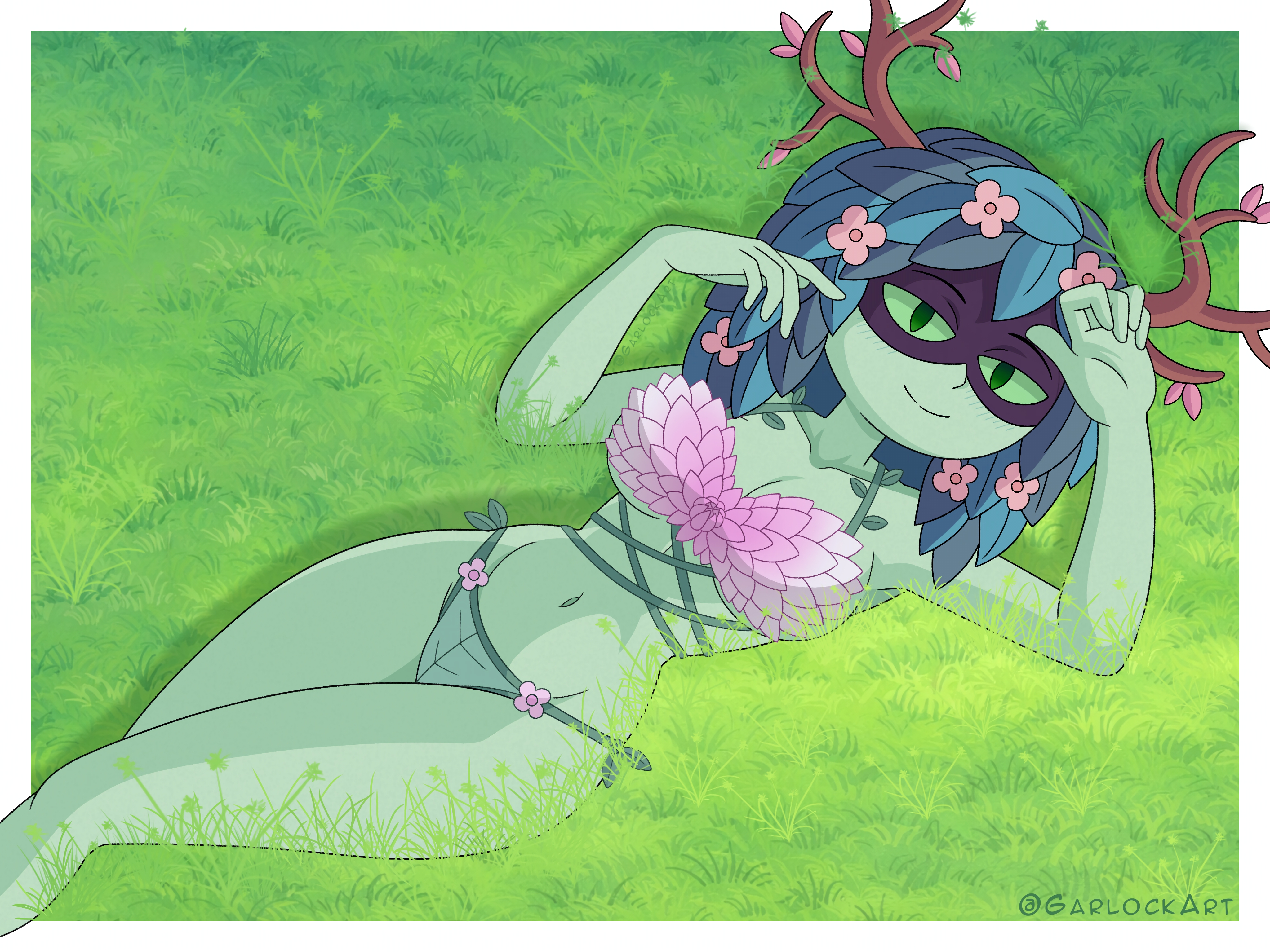 adventure time, adventure time: fionna & cake, alternate version available, bra, breasts, cartoon network, commission, fionna and cake, flower, flower in hair, flowers, garlock, grass, green eyes, green hair, green skin, hbo max, huntress wizard, lingerie, lying down, panties, sexy, sexy pose