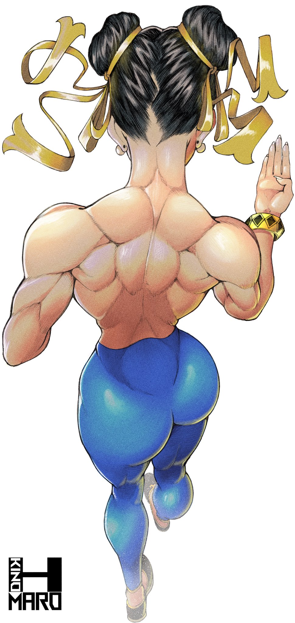 ass, back view, capcom, chun-li, double bun, female, fighting pose, fighting stance, full body, hair bun, highres, huge ass, kinohmaro, mature, mature female, milf, muscular, muscular back, muscular female, pantyhose, plain background, shoes, simple background, solo, street fighter, thick ass, thick thighs, thighs, unitard, viewed from behind, voluptuous, voluptuous body, voluptuous female, watermark, white background