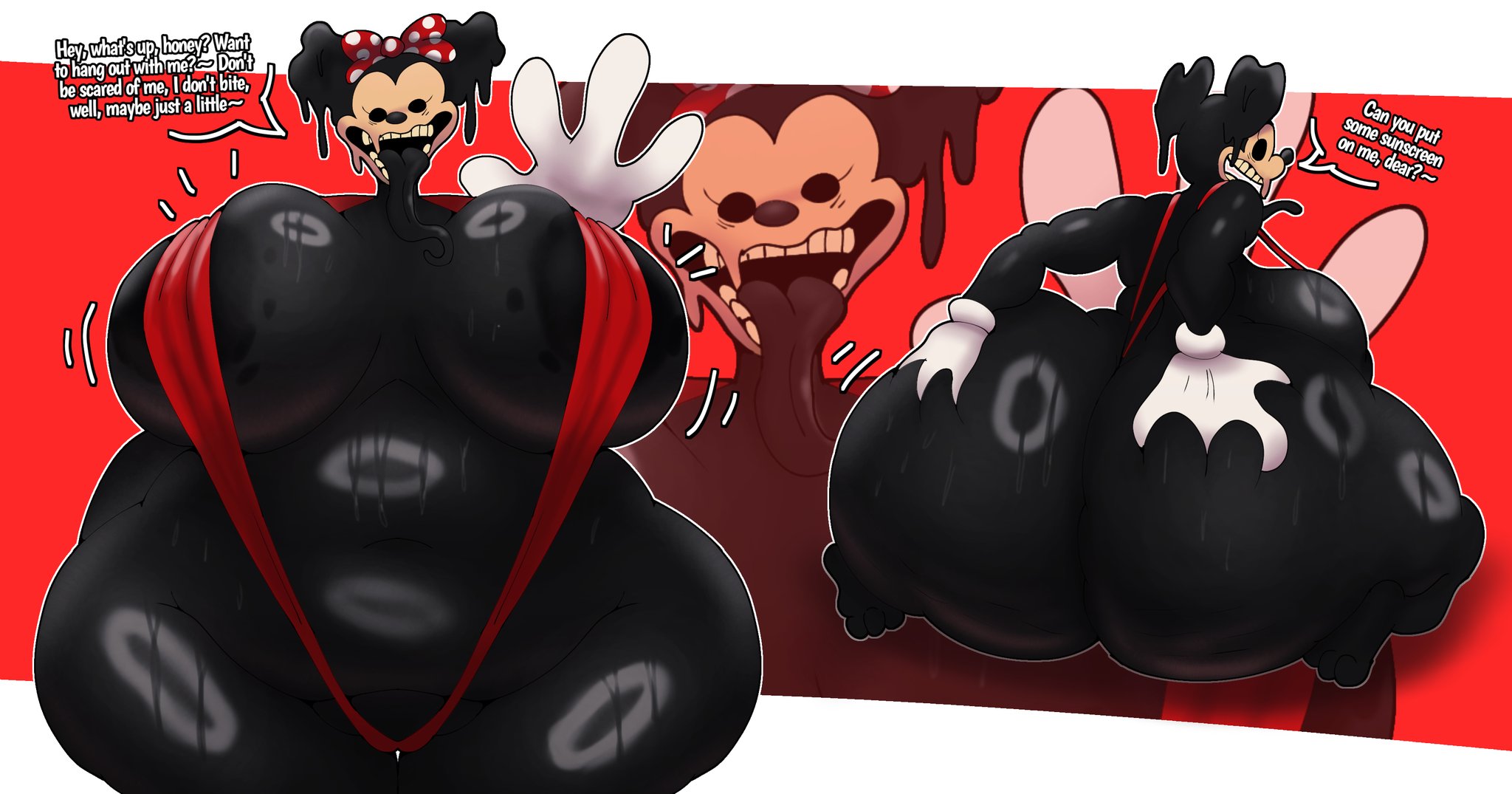 1girls, anthro, areolar amelanism, ass, belly, big ass, big breasts, big butt, big hands, black body, black ears, black eyes, black nipples, black tail, black tongue, bodily fluids, breasts, butt grab, butt squish, clothing, creepy, creepypasta, empty eyes, eyelashes, fangame character, fat, fat female, female, female only, five nights at treasure island, fnati, furry, gesture, gloves, hand on ass, hand on butt, hand on own ass, handwear, hi res, huge ass, huge breasts, huge butt, huge thighs, impurity (fnati), kneeling, looking at viewer, looking back, looking back at viewer, mammal, minnie mouse, monster, monster girl, motion lines, mouse, murid, murine, nightmare fuel, nightmare waifu, open mouth, open smile, overweight, overweight anthro, overweight female, red background, red bow, red clothing, rodent, sling bikini, slingshot swimsuit, smile, smiling at viewer, solo, squish, sweat, sweaty ass, sweaty belly, sweaty breasts, sweaty butt, tail, talking to viewer, teeth, text, text bubble, thedeathcrow05, thick thighs, tongue, tongue out, voluptuous, waving, waving at viewer, white gloves