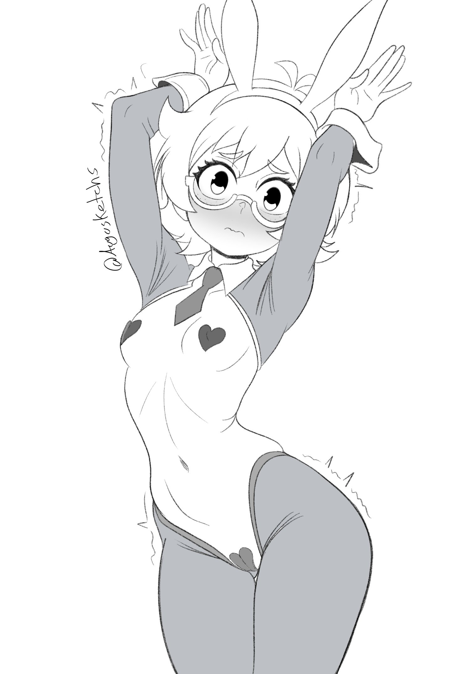 artist request, augusketchs, bunny ears, bunnysuit, greyscale, little witch academia, lotte jansson, maebari, monochrome, nipple pasties, reverse bunnysuit, small breasts, solo, tagme, witch