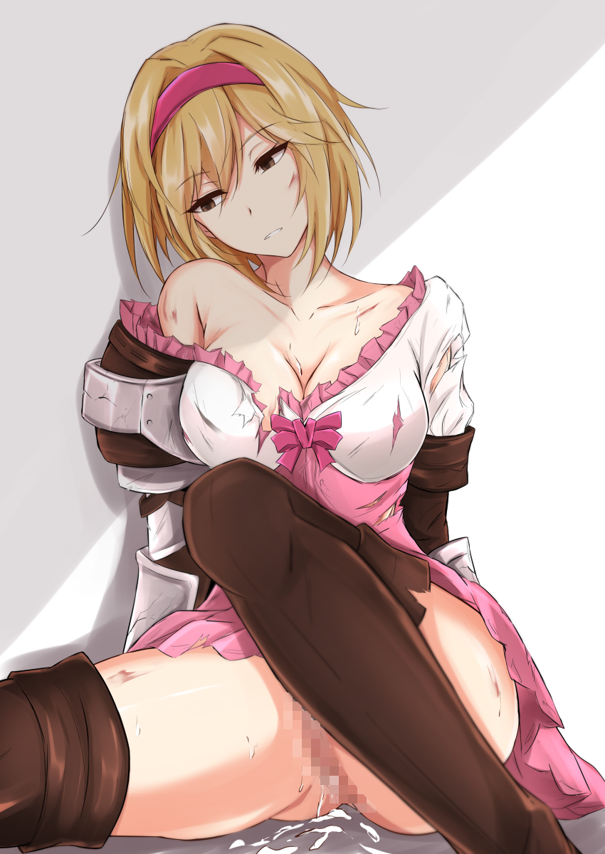 1futa armor ass bare_shoulders blonde_hair boots bow breasts brown_eyes brown_footwear censored cleavage collarbone commentary_request cum cuts djeeta_(granblue_fantasy) dress empty_eyes eyebrows_visible_through_hair female frilled_dress frills granblue_fantasy hairband head_tilt highres injury large_breasts looking_to_the_side mosaic_censoring no_panties off_shoulder parted_lips pink_bow pink_hairband piro_(iiiiiiiiii) rape shadow short_hair simple_background sitting solo thigh_boots thighhighs torn_clothes torn_dress underwear white_background