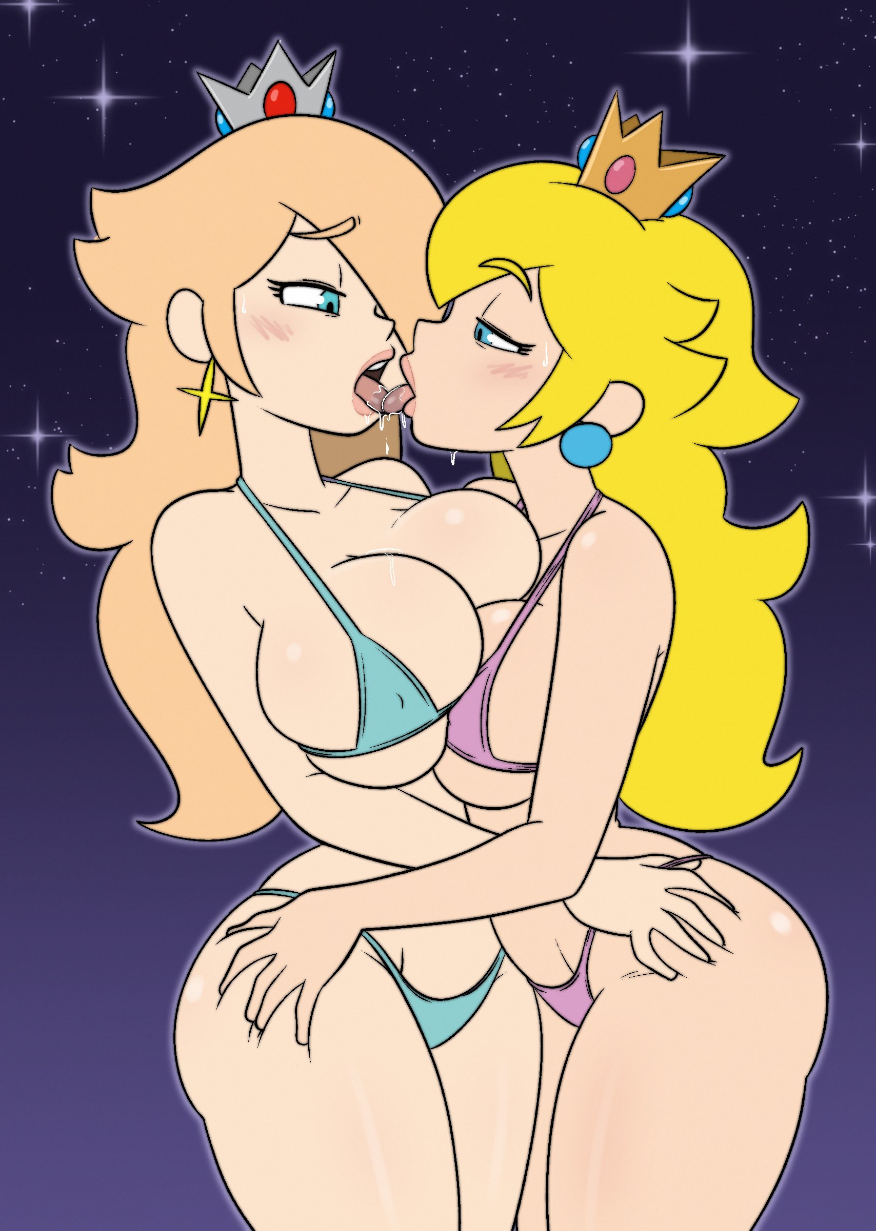 2girls, asymmetrical docking, avidagrem2, bikini, blonde female, blonde hair, blue bikini, blue eyes, blush, breast press, breasts, crown, earrings, female, female only, female/female, french kiss, grabbing another's thighs, hair over one eye, hourglass figure, human, human on human, human only, jewelry, kissing, large breasts, lesbian kiss, light skin, light-skinned female, long hair, mario (series), mature, mature female, mindgasmyt, multiple girls, nintendo, pink bikini, princess, princess peach, princess rosalina, rosalina, royalty, saliva, salivating, sky, sphere earrings, star (sky), star (symbol), star earrings, starry sky, super mario galaxy, sweat, swimsuit, thick thighs, thighs, tongue, tongue out, yuri