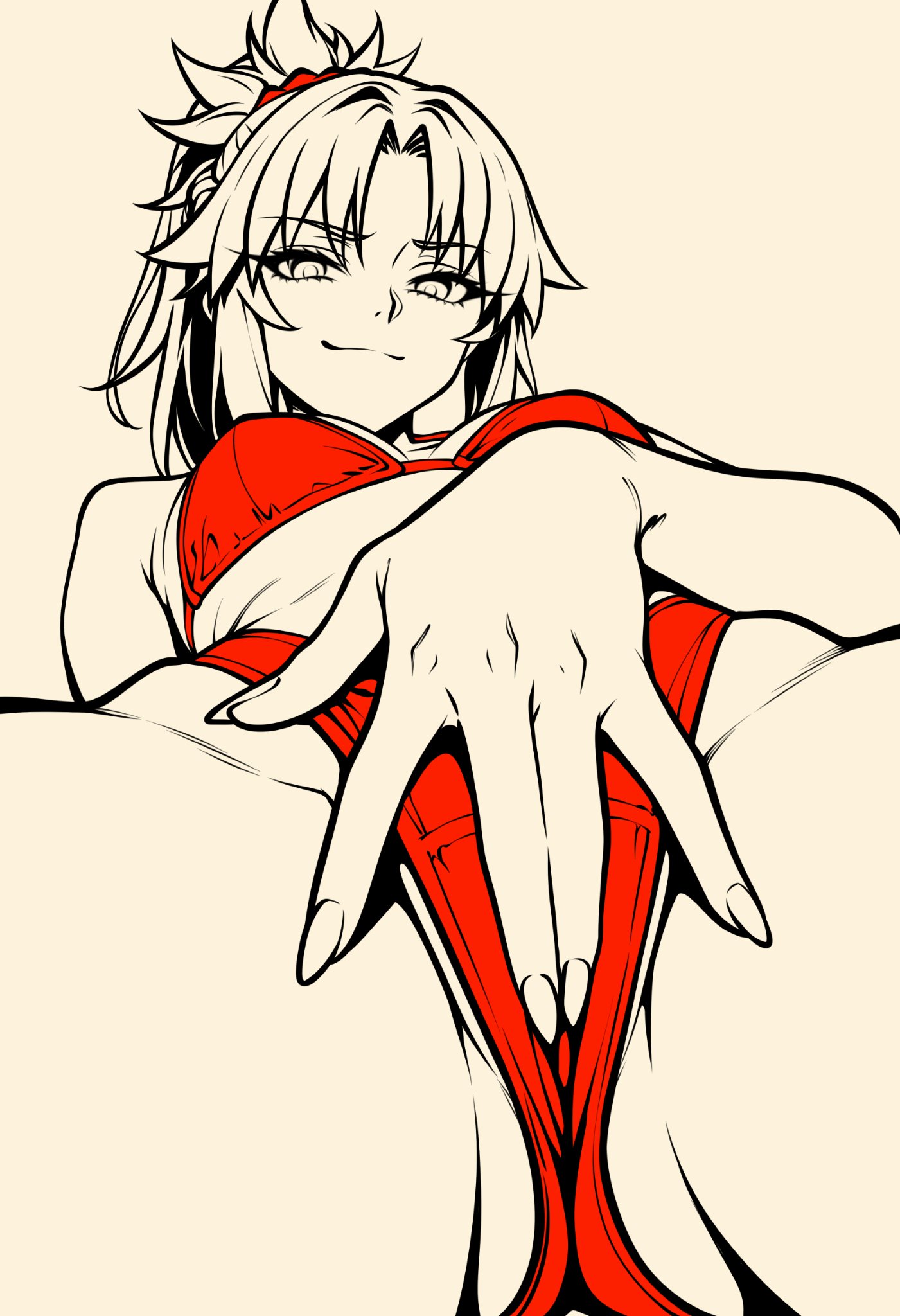 black and white, fate (series), fate/grand order, mordred (fate), mordredpenx, pussy, red bikini, touching pussy