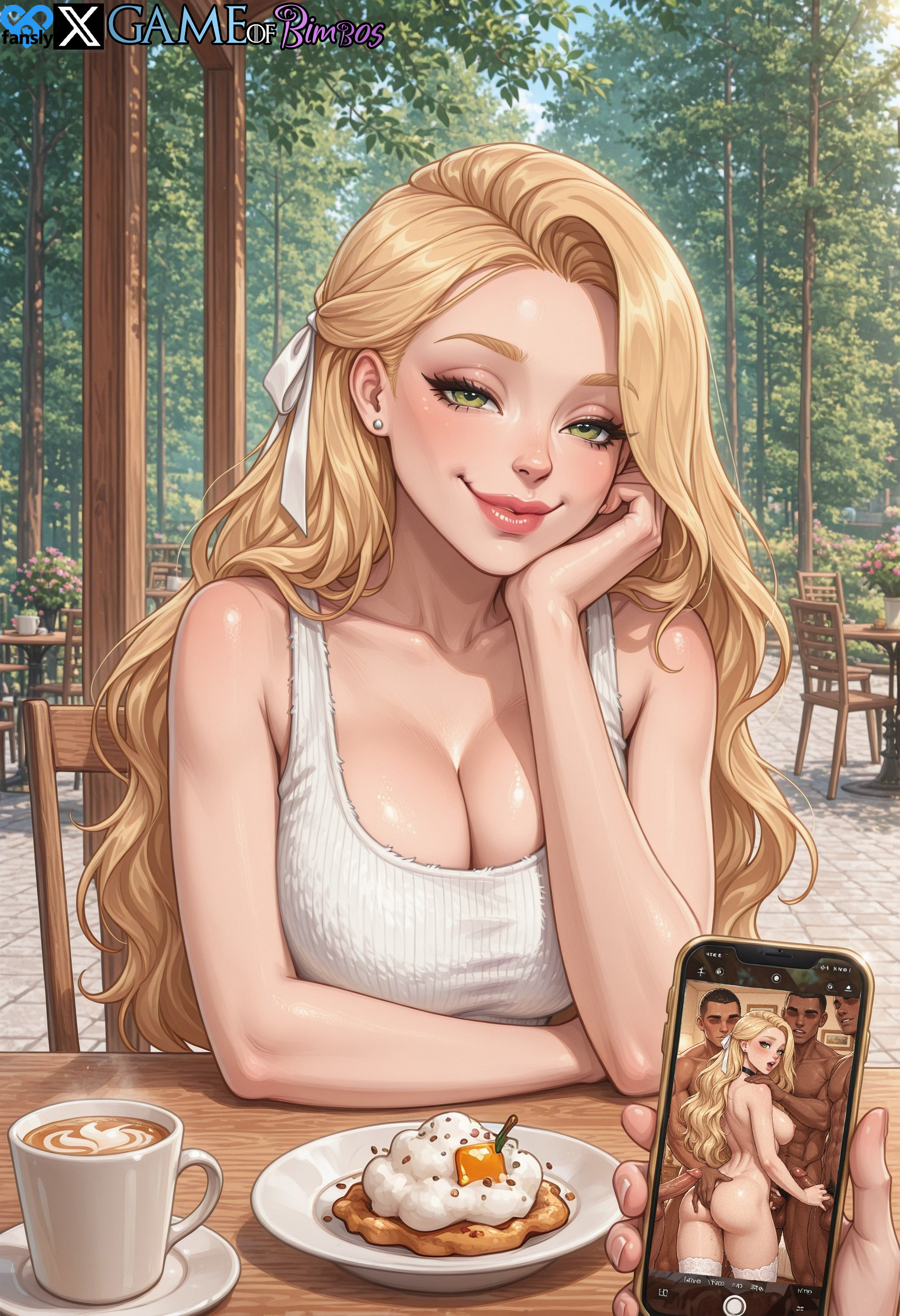 1girl, 2d, 2d (artwork), 2d artwork, 4boys1girl, ai, ai generated, ass, ass grab, bare shoulders, bimbo, bimbo body, bimbo lips, bimbofied, black choker, blonde female, blonde hair, blush, breasts, cheating, cheating (relationship), cheating female, cheating girlfriend, choker, cleavage, clothed, colored, cuckold, cuckold pov, dark skin, dark-skinned male, everlasting summer, everlasting summer 2, eyelashes, female, gameofbimbos, gangbang, green eyes, groped, hair ribbon, hand on cheek, handjob, hips, human, implied sex, interracial, large breasts, light skin, light-skinned female, lips, long hair, looking at viewer, lyuba (everlasting summer 2), multiple boys, netorare, ntr, pale skin, pale-skinned female, phone, phone screen, pov, pov eye contact, shiny skin, sitting, smartphone, smile, smiling, tank top, teasing cuck, teasing cuck with phone, voluptuous, white tank top