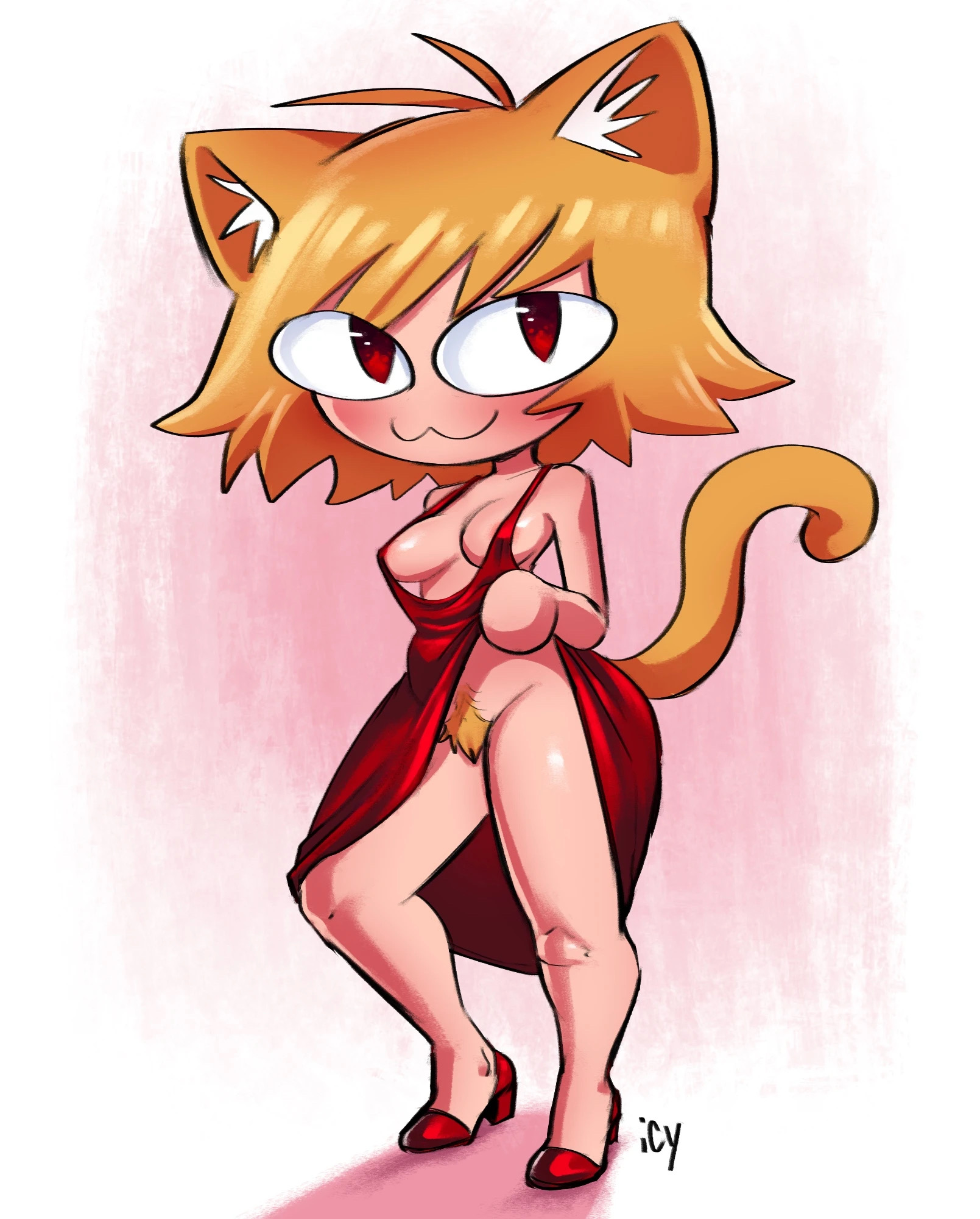 :3, 1girls, 2026, 2d, big eyes, blonde hair, bluesky link, blush, breasts, bush, cat ears, cat tail, catgirl, covered nipples, dress, dress lift, feline, female, female only, flashing, flashing pussy, footwear, furry, furry female, hair, heels, high heels, iseenudepeople, light skin, light-skinned female, melty blood, neco-arc, pubic hair, red dress, red eyes, shoes, solo, solo female, tail, tsukihime