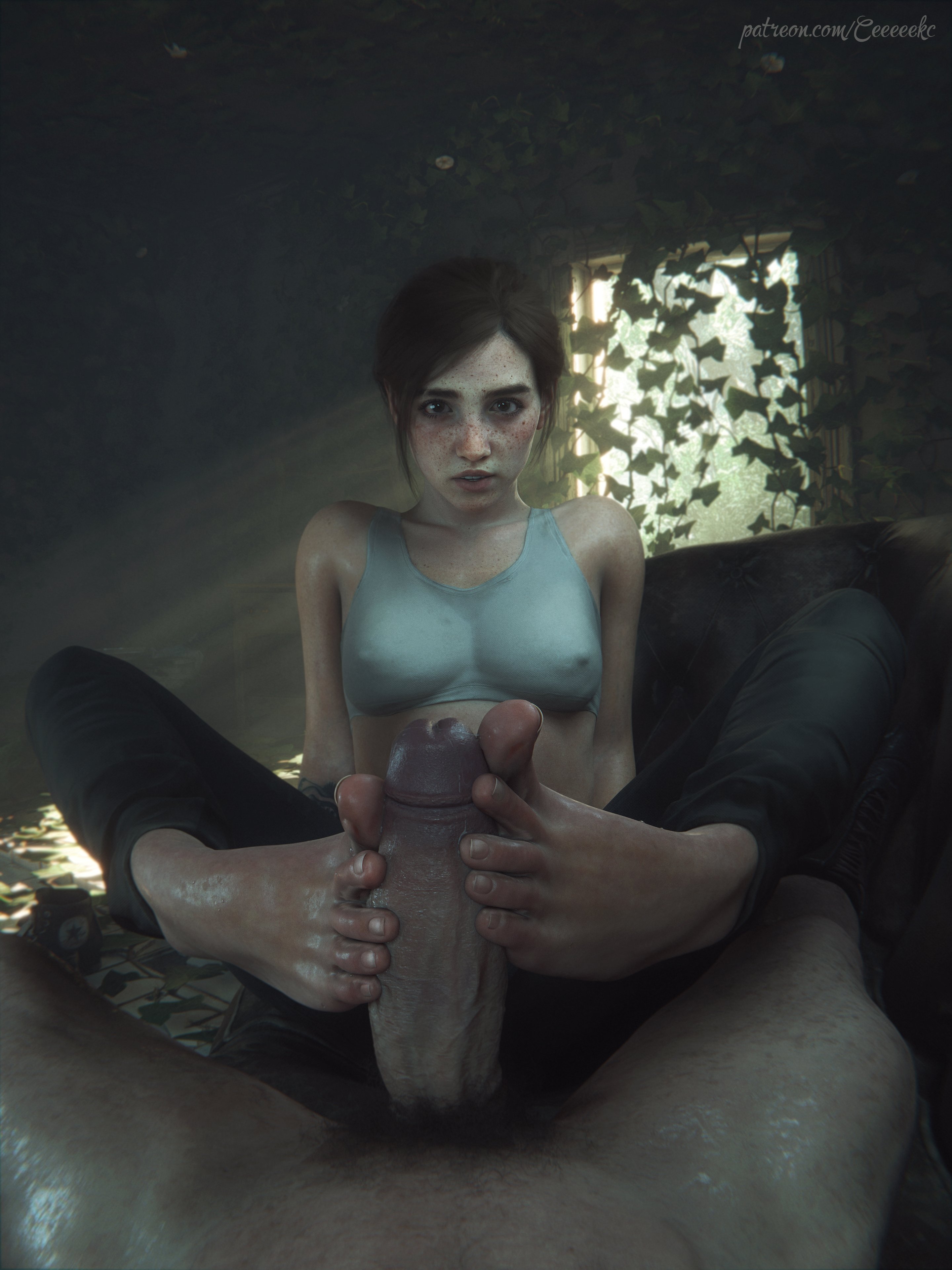 1boy, 1female, 1girl, 1girls, 1male, 3d, 3d (artwork), arched soles, barefoot, blender, blender (software), blender cycles, brown hair, ceeeeekc, cock, ellie (the last of us), ellie williams, erect nipples, eye contact, feet, feet on penis, female, female focus, foot fetish, foot focus, footjob, green eyes, huge cock, huge penis, large cock, large penis, legs, legs apart, legs spread, looking at viewer, male, male/female, medium breasts, nipple, nipples visible through clothing, penis, pleasure face, ponytail, pov, pov eye contact, small breasts, tank top, the last of us, the last of us 2, tied hair, toejob, toenail polish, toenails, toes, toes spread, vein, veins, veiny, veiny penis