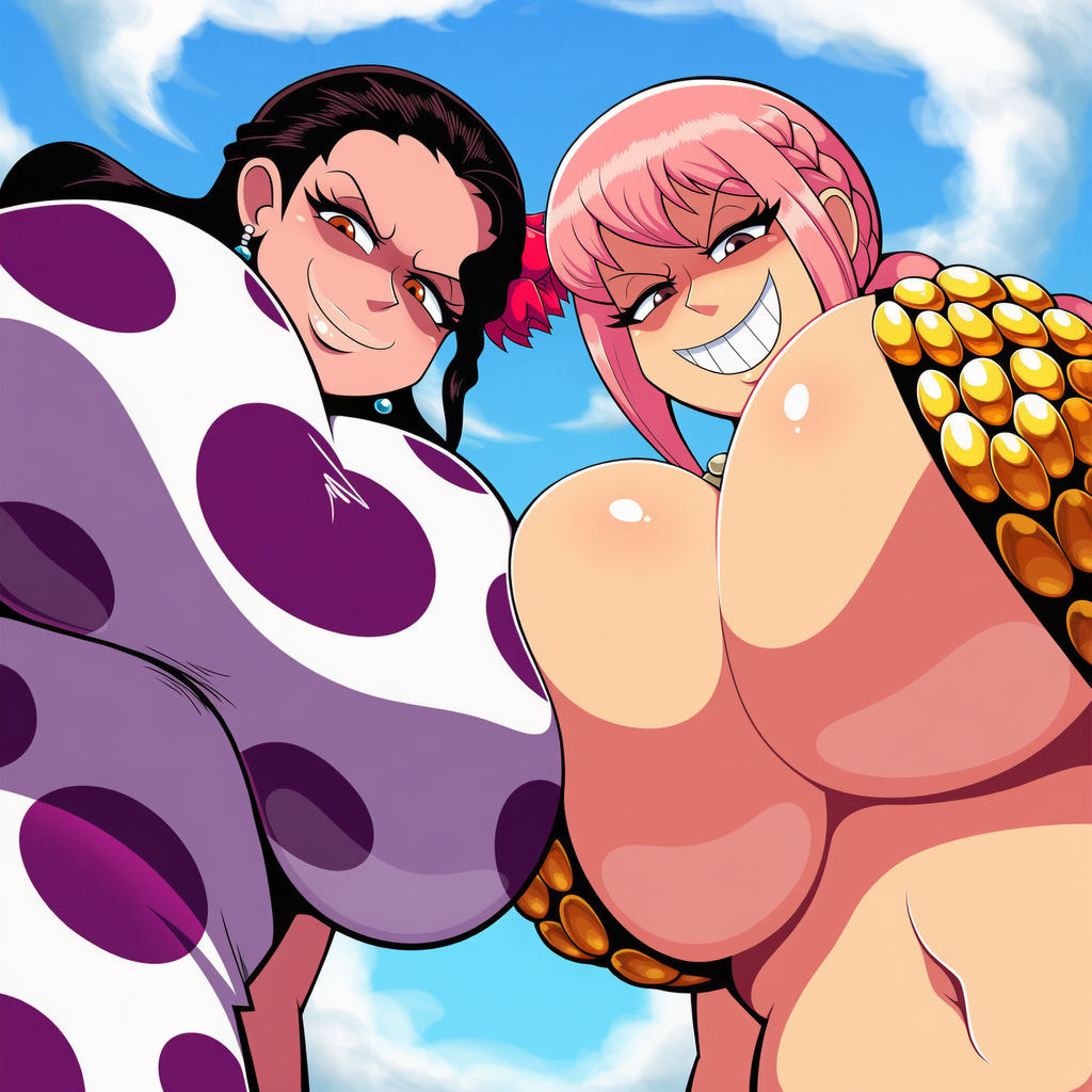 2female, 2girls, ai generated, aunt and niece, below view, big breasts, female, female only, females, looking down, novelai, one piece, outdoors, outside, rebecca (one piece), smile, smug, smug expression, smug face, smug grin, smug smile, teeth, teeth showing, viola (one piece)