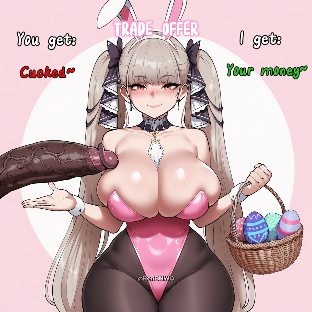 1boy, 1girls, ai generated, big penis, bunny ears, cuckold, dark skin, dark-skinned male, easter, english text, female, femdom, interracial, looking at viewer, male, renbnwo, text