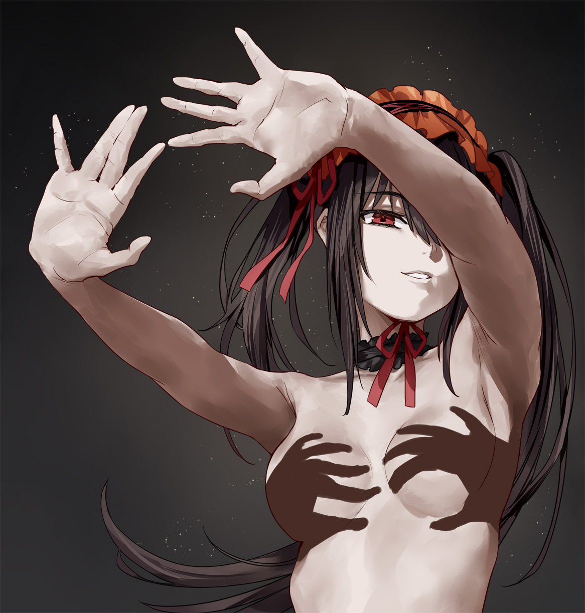 1girl, 1girls, artist request, black hair, date a live, female, female only, hands casting shadow, heterochromia, naked, naked female, red eyes, shadow, simple background, tagme, tokisaki kurumi, twintails, yellow eyes