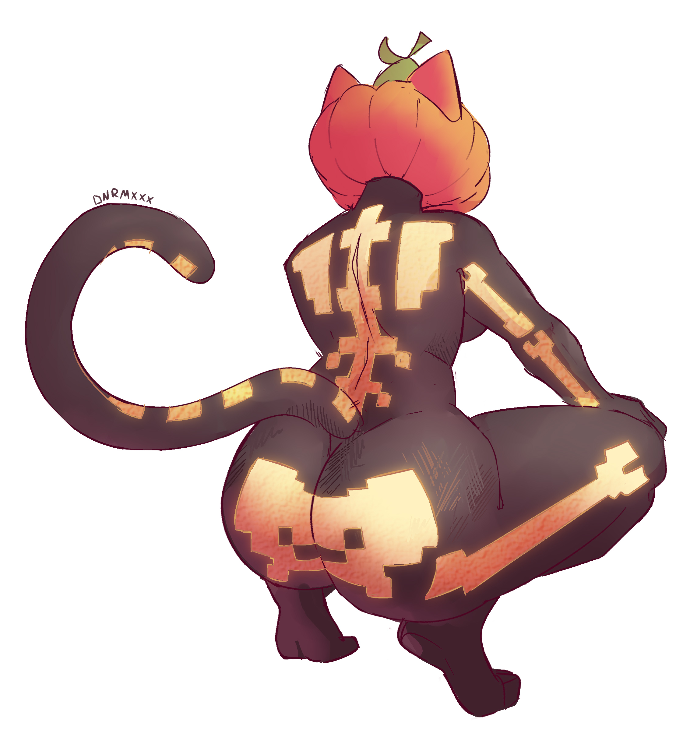 1girls, ass, barefoot, cat ears, cat tail, dnrmxxx, feline, feline humanoid, female, female only, fortnite, full body, pumpkin, pumpkin head, rear view, solo, solo female, spice (fortnite), squatting, tail