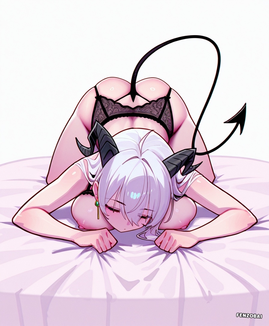1girl, alternate costume, anime style, arms under head, ass up, black horns, black lace bra, black lace lingerie, black lace panties, black tail, breast press, breasts, closed eyes, demon horns, detailed, face down, female, female only, fenzobai, from above, high angle, large breasts, lingerie, lying on bed, on bed, peaceful expression, pointed tail, ram horns, shiny skin, short hair, short sleeves, soft breasts, solo, spade tail, white crop top, white hair, zani, zani (wuthering waves)