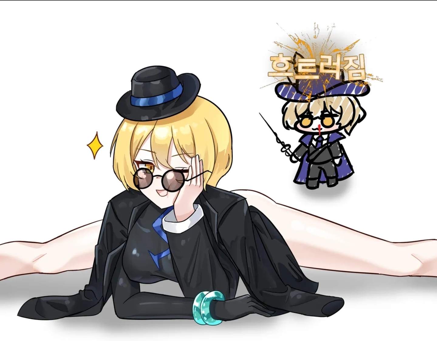 1boy, 1girls, ass, black coat, black dress, black gloves, black hat, black pants, black suit, blonde hair, blue cape, blue hat, blue necktie, blush, border, breasts, cape, china dress, chinese clothes, cinq association (identity) (project moon), cinq association east uniform, coat, coat on shoulders, don quixote (limbus company), dress, earrings, feathers, floating cape, gloves, hat, hat feather, holding, holding sword, holding weapon, jewelry, large breasts, limbus company, looking at viewer, looking over eyewear, looking over sunglasses, necktie, outside border, pants, project moon, rapier, round eyewear, shirt, short hair, simple background, sinclair (limbus company), smile, sparkle, suit, sunglasses, sword, tinted eyewear, weapon, white border, white feathers, white shirt, yellow eyes