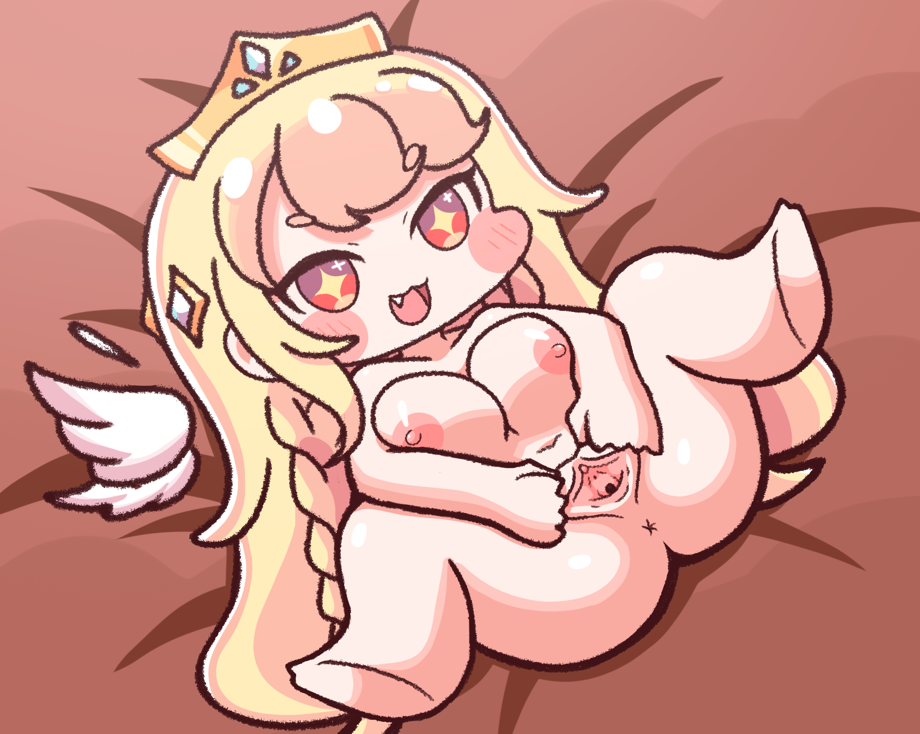 :3d, 1girls, anus, barefoot, big breasts, blonde hair, breasts, chibi, chibi only, chibi style, cute fang, erotic chibi, erpin, female, female only, furii (artist), light skin, light-skinned female, naked, nipples, nude, nude female, pussy, queen, solo, starry eyes, trickcal, trickcal re:vive