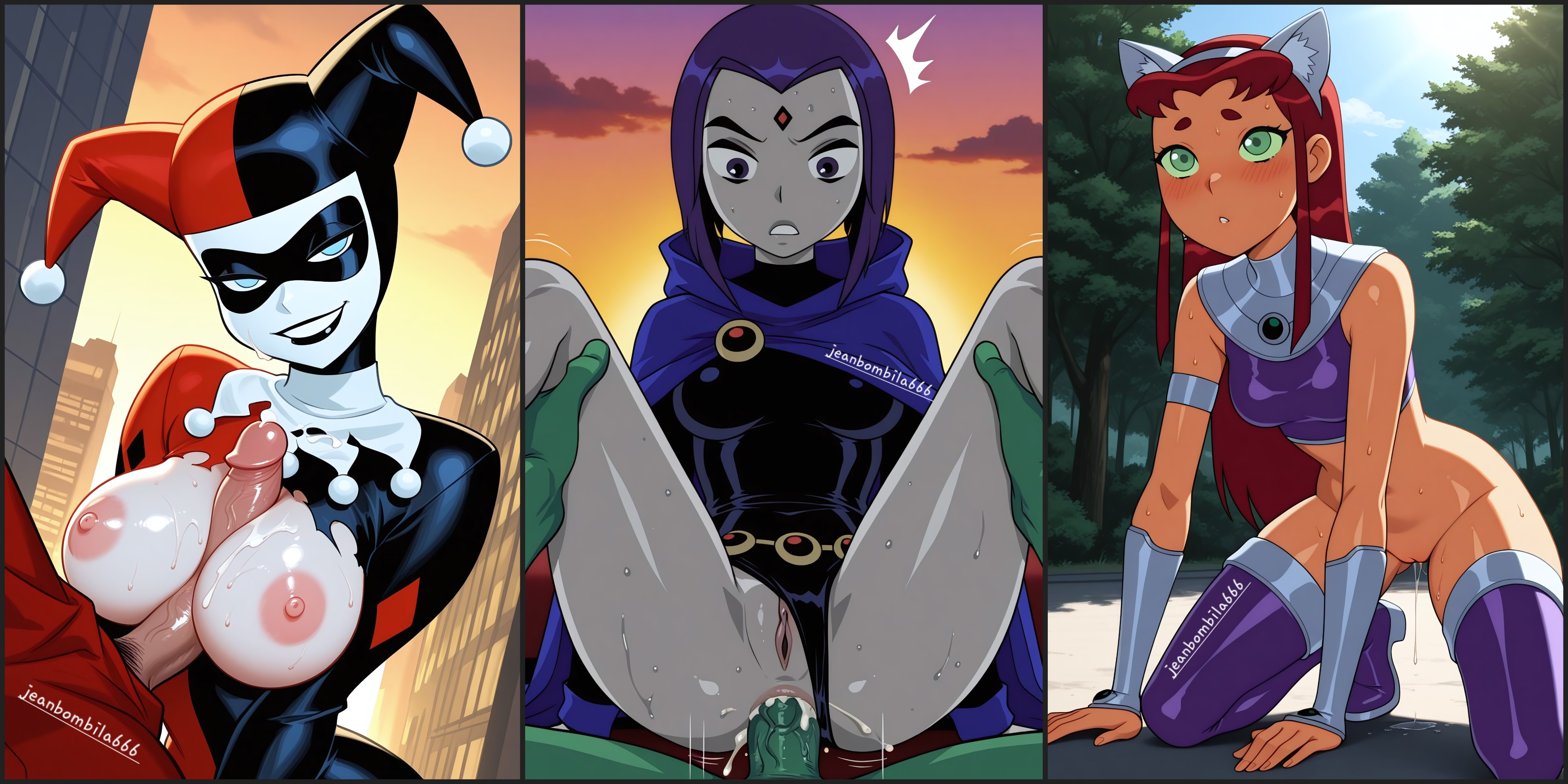 ai generated, anal, anal sex, batman (series), batman: the animated series, big breasts, breasts, breasts out, bruce timm, cartoon network, cat ears, catgirl, dc comics, dcau, female, goth, goth girl, harley quinn, harley quinn (classic), harley quinn (dcau), jeanbombila666, justice league, justice league unlimited, male/female, nipples, pussy, pussy juice, raven (dc), shiny skin, starfire, starfire (teen titans), sweaty body, teen titans, the new batman adventures
