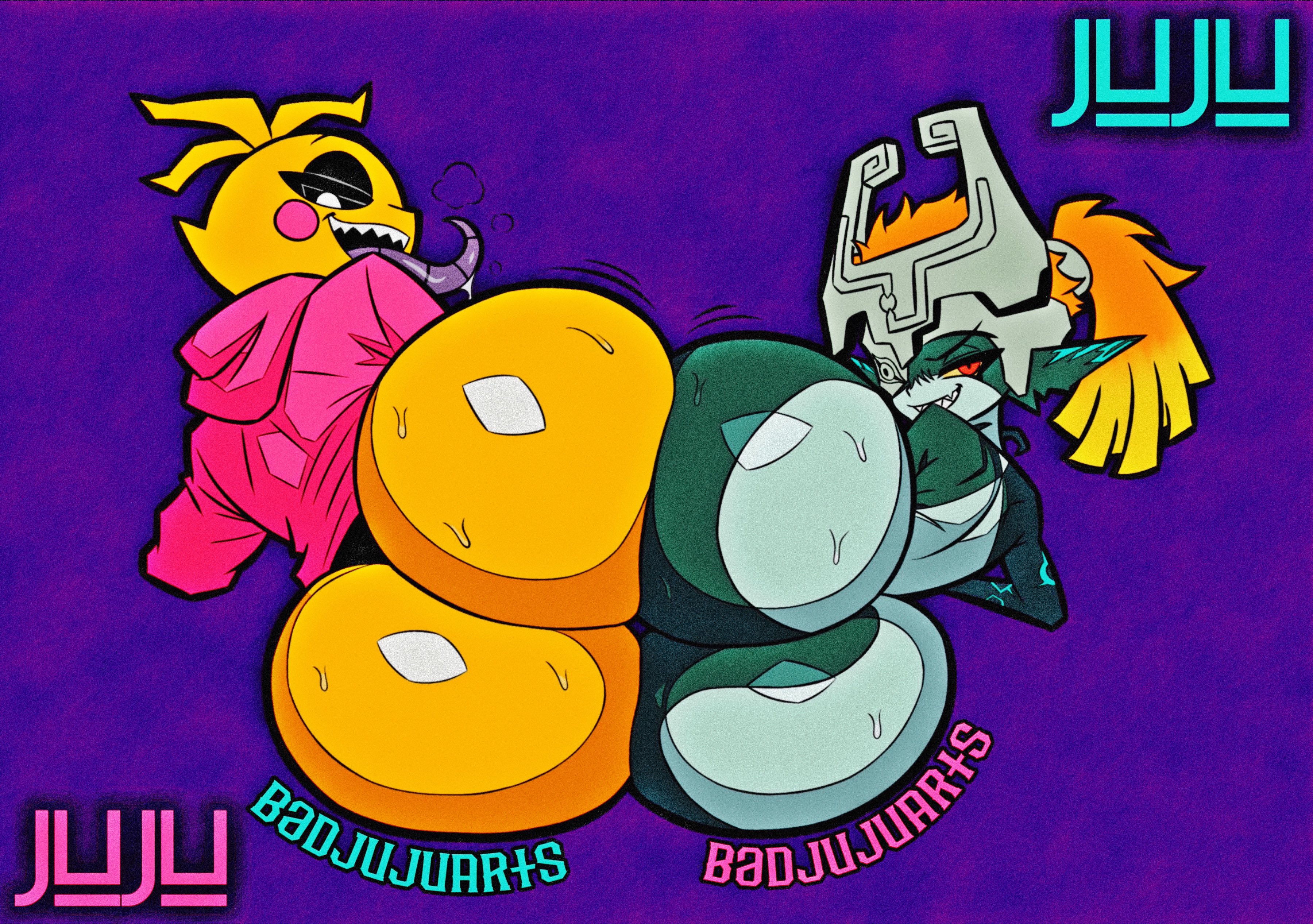 2girls, anthro, ass, ass focus, badjujuarts, big ass, bottomless, bottomless hoodie, bubble butt, crossover, female, female only, five nights at freddy's, fnaf, hoodie, huge ass, imp midna, looking at viewer, midna, multiple girls, robot, smug, smug grin, the legend of zelda, tongue, toy chica (badjuju), toy chica (fnaf), twilight princess
