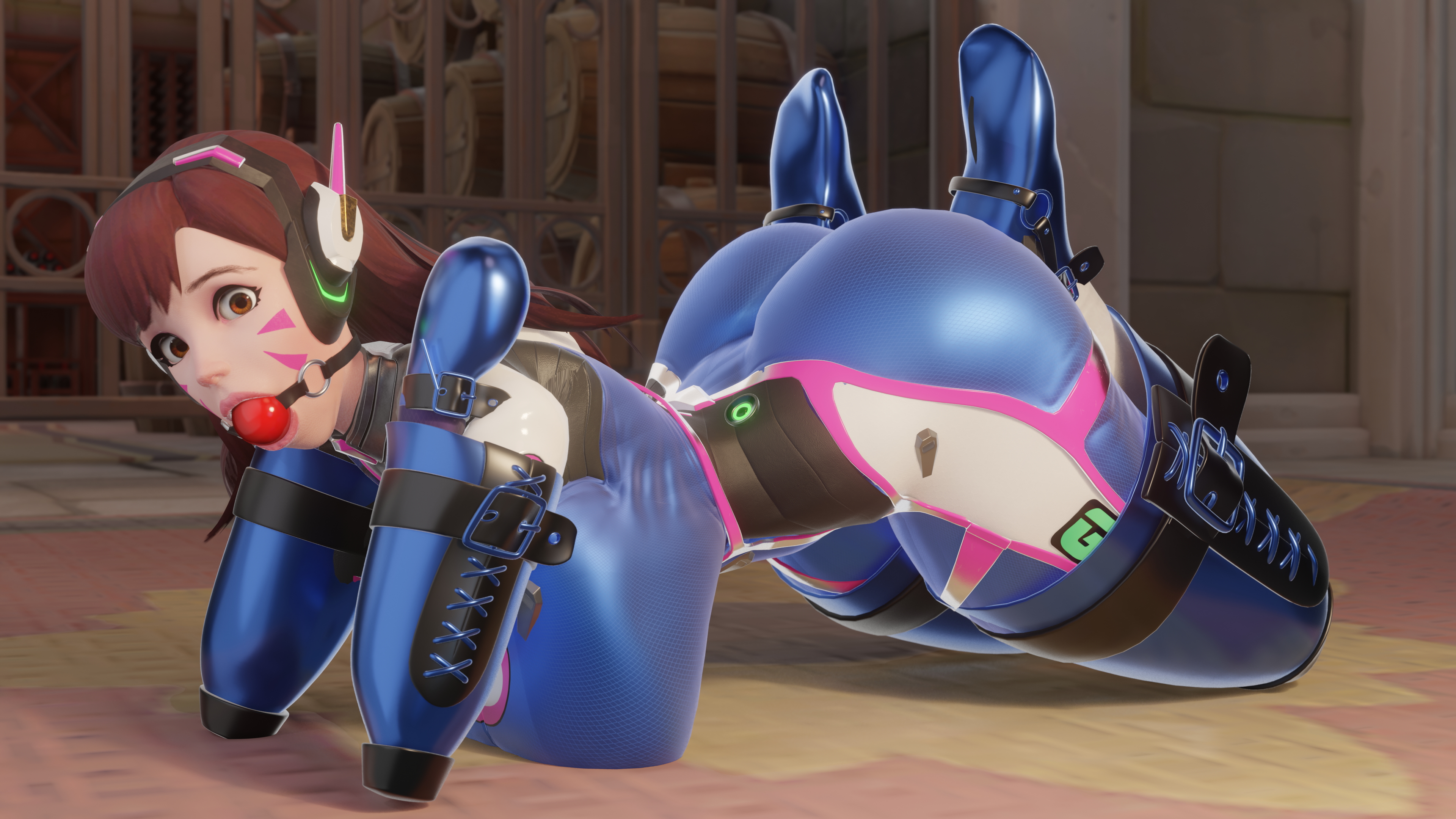 1girls, 3d, 4k, absurd res, absurdres, big breasts, bitchsuit, blender, blue clothing, bondage, breasts, brown hair, clothed, clothing, d.va, female, female only, hi res, highres, justchilling3d, large breasts, latex, latex clothing, latex gloves, long hair, overwatch, scrag boy (model), scrag d.va, thick thighs, thighs, tight clothing