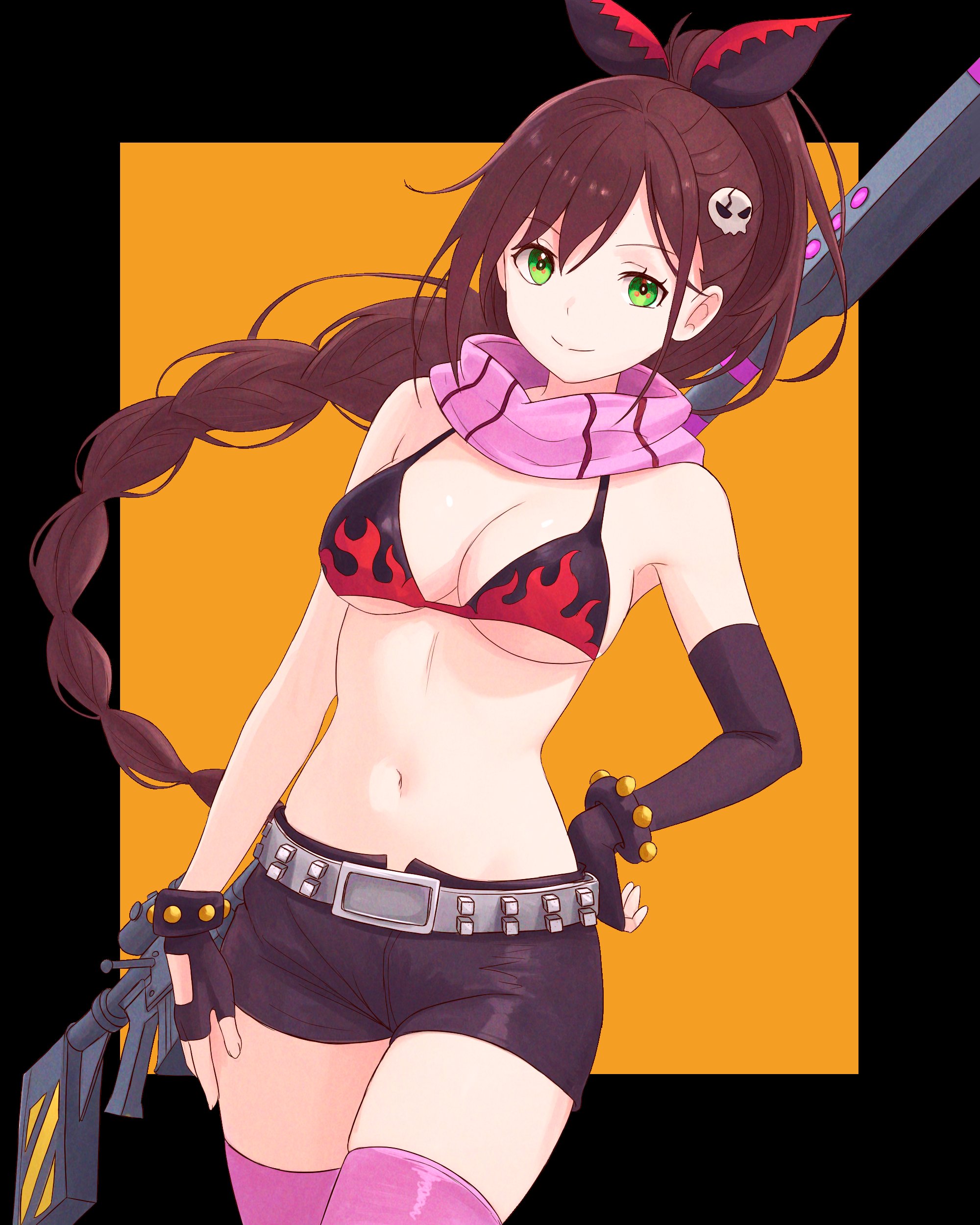 1girls, bare shoulders, bare thighs, belly, belly button, belly cutout, belly fetish, belly outline, bra, breasts, brown hair, fingerless gloves, gloves, green eyes, hair ornament, high socks, hips, hips outline, hips wider than shoulders, hourglass figure, hourglass figured female, long hair, midriff, midriff cutout, midriff exposed, midriff peek, midriff showing, navel, navel cutout, navel fetish, navel line, navel outline, perfect body, re:zero kara hajimeru isekai seikatsu, red pupils, sexy body, shaula (re:zero), shorts, slender, slender athletic build, slender body, slender build, slender waist, slim body, slim female, slim figure, slim girl, slim torso, slim waist, sniper rifle, socks, soft belly, tengen toppa gurren lagann, thick thighs, thighhighs, thighs, tied hair, truejekart, tummy, waist, wide hipped female, wide hips, yoko littner, yoko littner (cosplay)