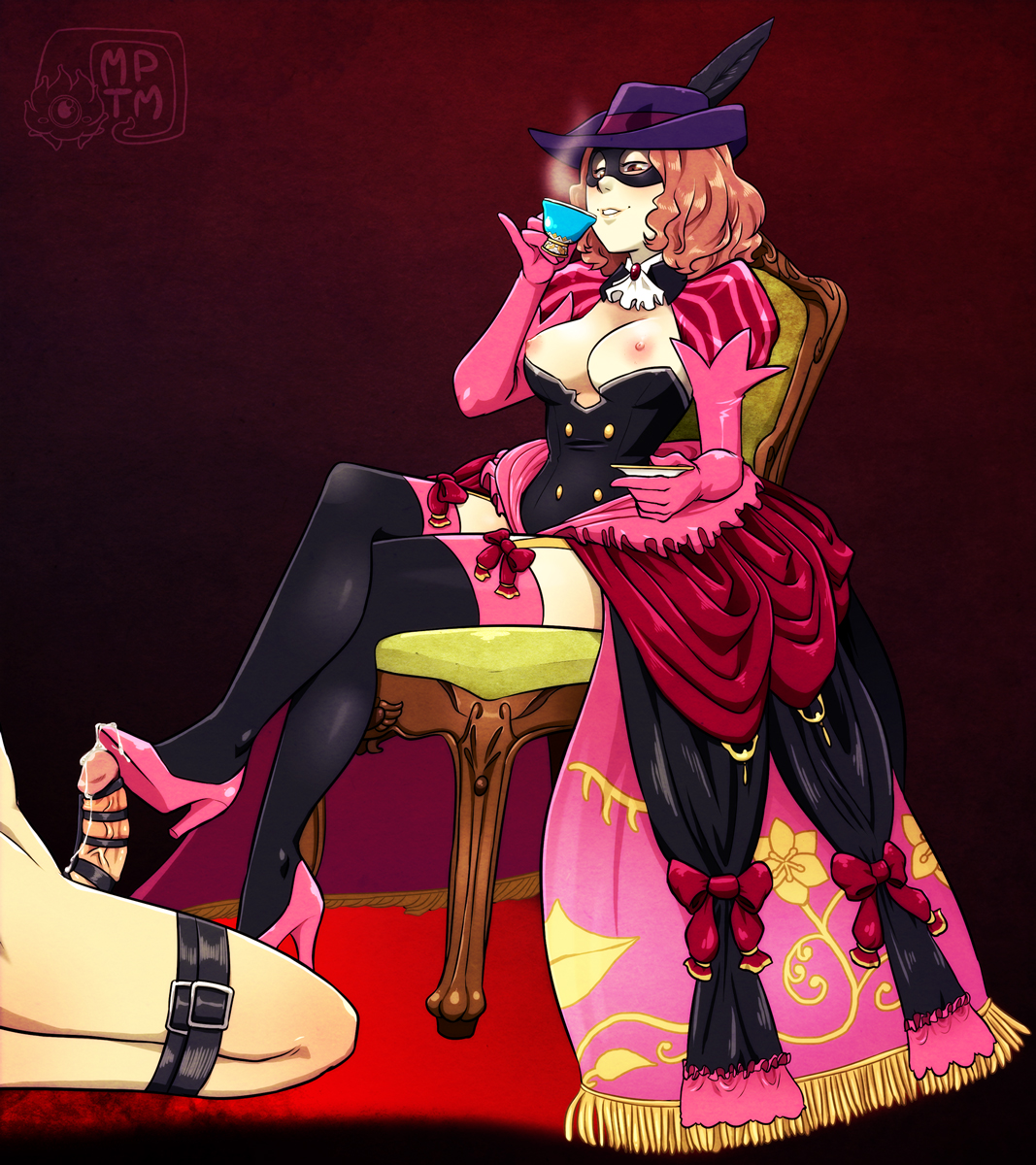 1boy, breasts, chair, clothing, cum, cup, domino mask, erection, female, femdom, haru okumura, haru okumura (noir), hat, headgear, high heels, highres, human, male, mask, my pet tentacle monster, nipples, pale skin, penis, persona, persona 5, phantom thief suit, shoejob, shoes, smooth skin, teacup, thighhighs, trample