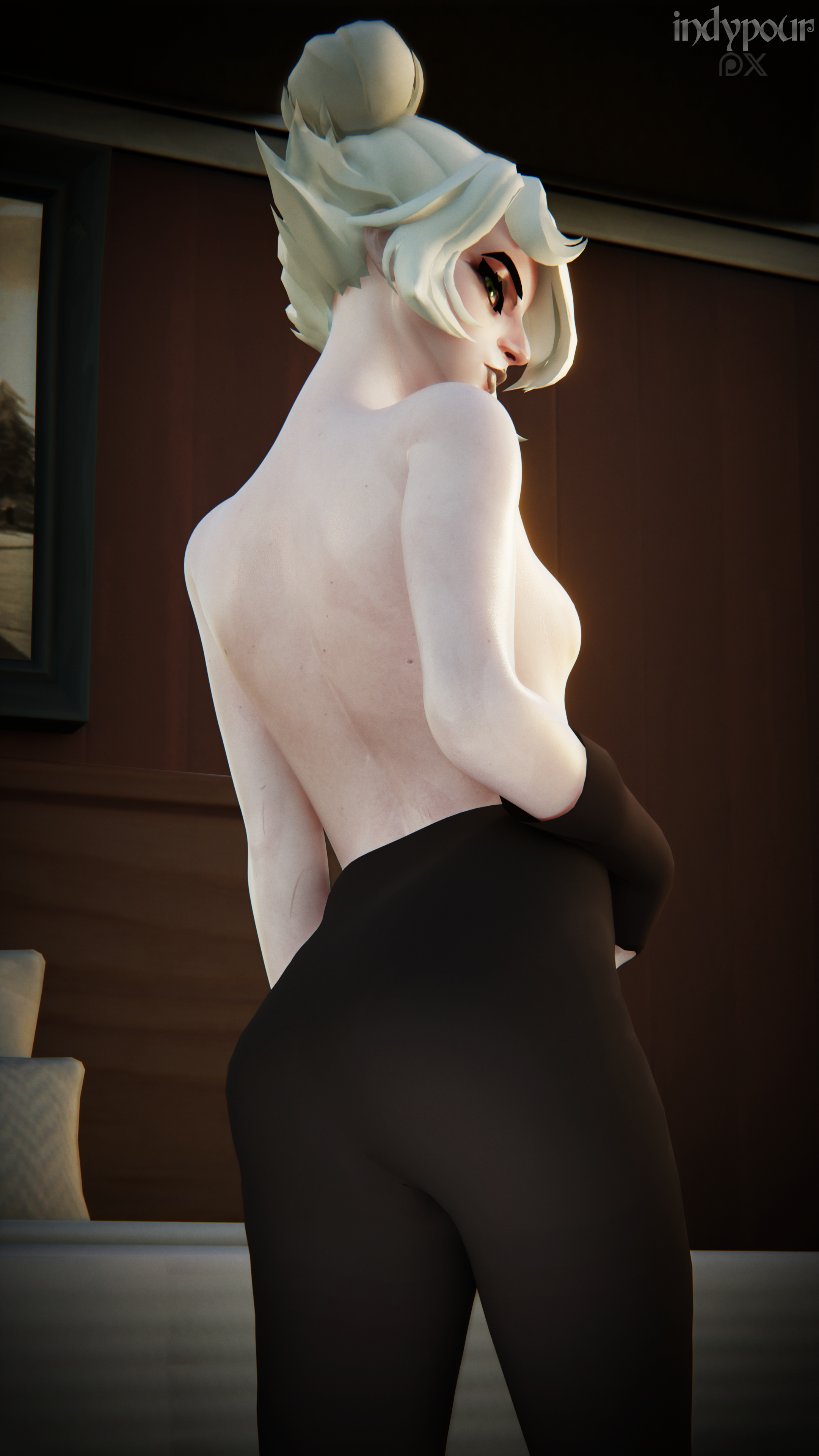 1girls, 3d, 3d (artwork), back view, blender, blender (software), blender eevee, deadlock, exposed back, exposed breasts, female, female only, graves (deadlock), half dressed, half dressed female, half naked, half naked female, half nude, half nude female, indypour, nude, nude female, pale skin, pale skinned female, side eye, solo, solo female, watermark, white hair