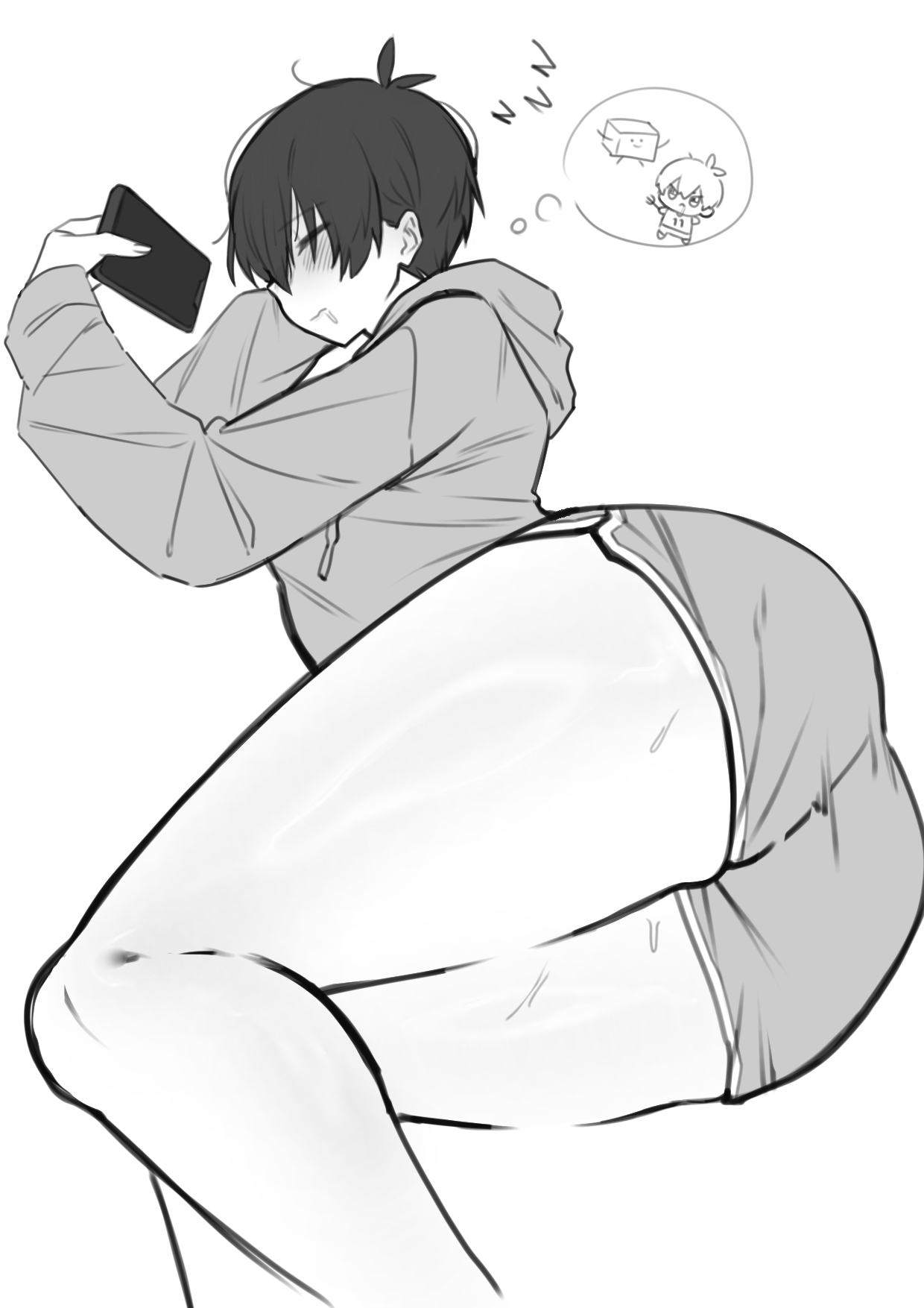1boy, ass, ass focus, big ass, blue lock, blush, blushing male, curvy body, curvy figure, cute expression, cute face, cute male, embarrassed expression, femboy, femboy focus, femboy only, isagi, isagi yoichi, lifting leg, male focus, male only, otokonoko, shinashina, sleeping, small waist, wide hips, wide thighs