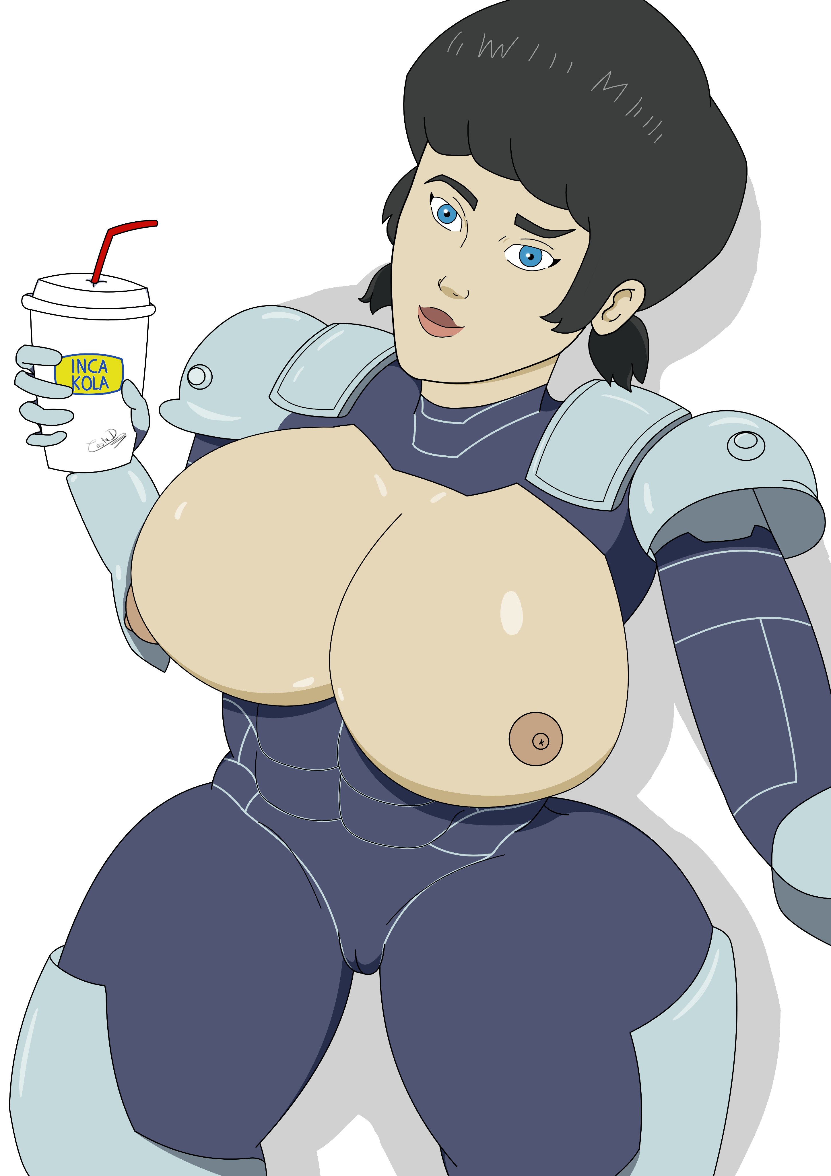 1girls, big breasts, black hair, blue eyes, bodysuit, breasts, breasts out, breasts out of bodysuit, cup, huge breasts, invincible, invincible (tv series), smiling, tech jacket, tech jacket (zoe thompson)