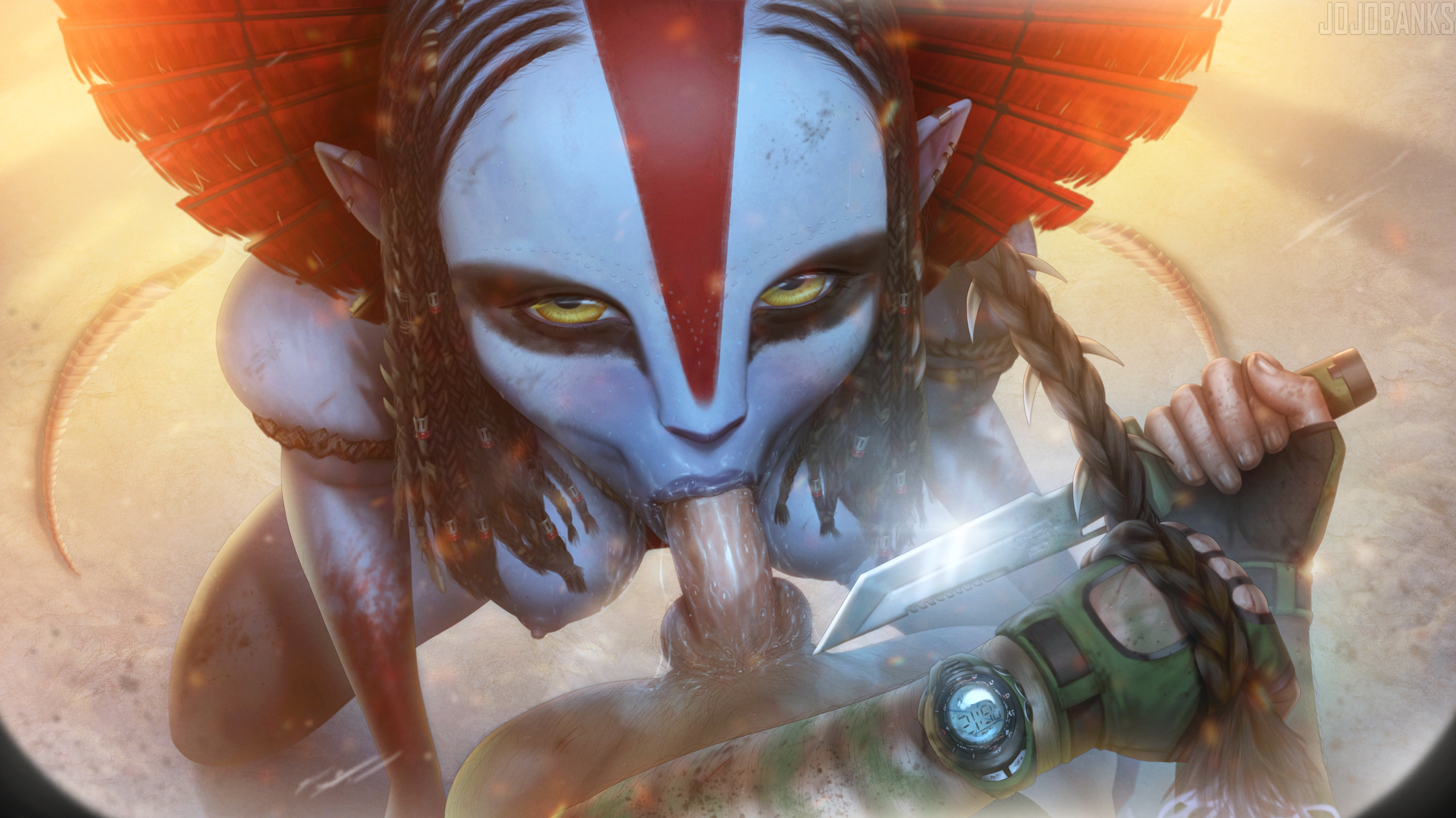 :>=, alien, alien girl, angry, angry eyes, angry fellatio, athletic female, avatar, avatar: fire and ash, blowjob, blowjob face, blue skin, blush, bodypaint, braid, braided hair, extraterrestrial, eye contact, facepaint, fanart, fellatio, forced, forced oral, hair grab, human, human penetrating, james cameron's avatar, jojobanks, knife, larger female, light-skinned male, looking at viewer, na'vi, on knees, pointy ears, pov, pov eye contact, rape, saliva, saliva string, saliva trail, size difference, sloppy, sloppy blowjob, sweat, varang, varang (avatar), yellow eyes