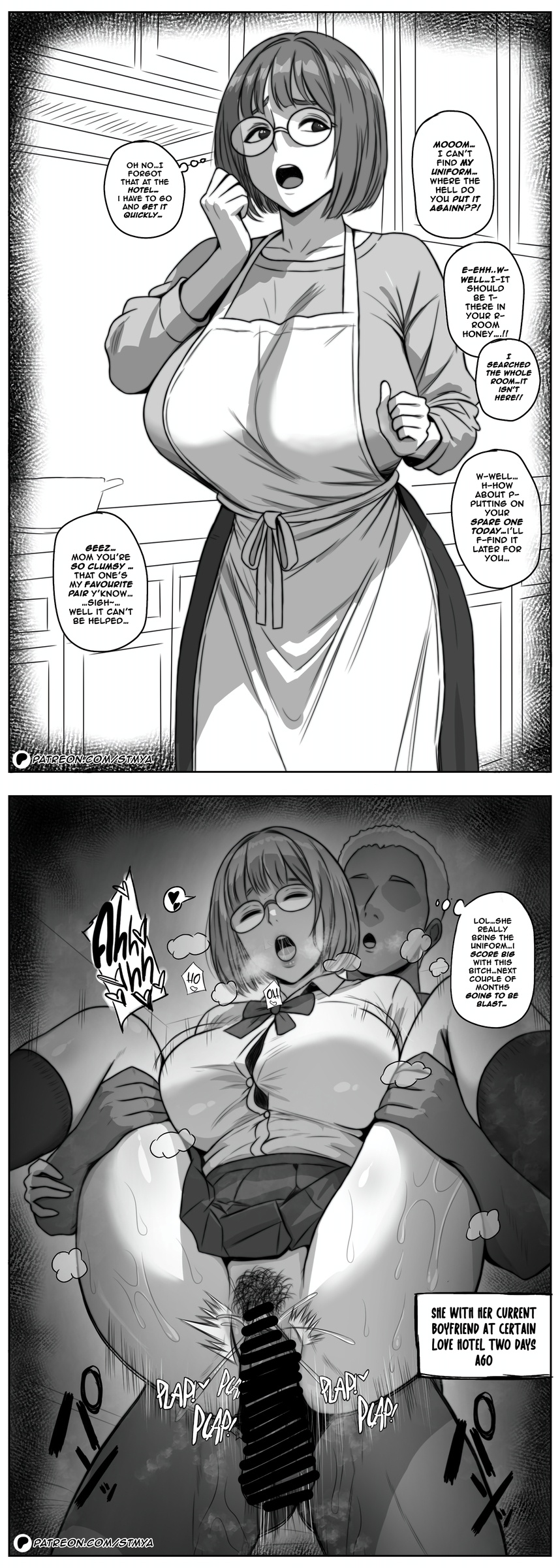 1boy, 1boy1girl, 1girls, apron, arms around legs, black bar censoring, bowtie, bowtie collar, boyfriend, carrying, carrying partner, carrying position, carrying sex, censored penis, cheating boyfriend, cheating wife, cosplay, cosplay sex, cuckquean, cute, cute face, dark-skinned male, dialogue, dialogue box, english, english text, eyeless male, female focus, glasses, greyscale, hands on thighs, holding partner, holding thigh, house, housewife, male/female, mature, mature female, milf, moaning, ntr, onomatopoeia, open mouth, original, patreon logo, patreon url, patreon username, plap, reverse netorare, reverse stand and carry position, reverse suspended congress, reverse upright straddle, school uniform, sex, shiny skin, short hair, skirt, skirt lift, speech bubble, stand and carry position, standing, steam, steamy breath, stmya, stolen clothes, suspended congress, tagme, text, thick thighs, thigh hold, upright straddle, wide hips, wife