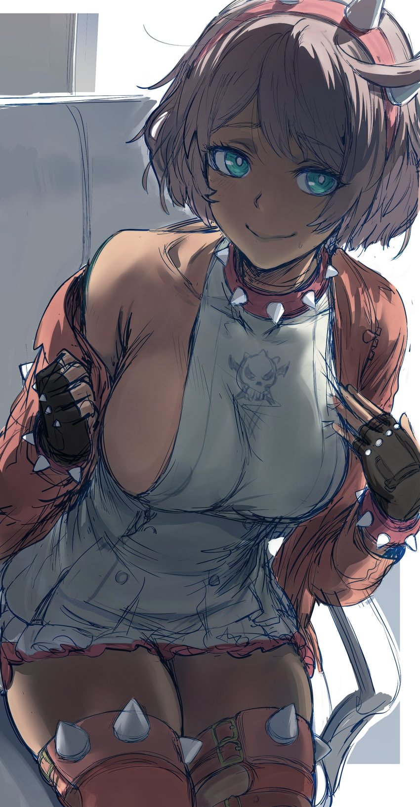 1girls, absurdres, backlighting, bare shoulders, big breasts, blue eyes, bracelet, breasts, clothing, collar, collarbone, commentary, dress, elphelt valentine, english commentary, female, female only, fingerless gloves, gloves, guilty gear, guilty gear strive, hairband, hews, hews hack, highres, jewelry, large breasts, looking at viewer, short hair, sideboob, smile, solo, spiked bracelet, spiked collar, spiked hairband, spikes, swept bangs, thick thighs, thighhighs, thighs, unfinished, white hair