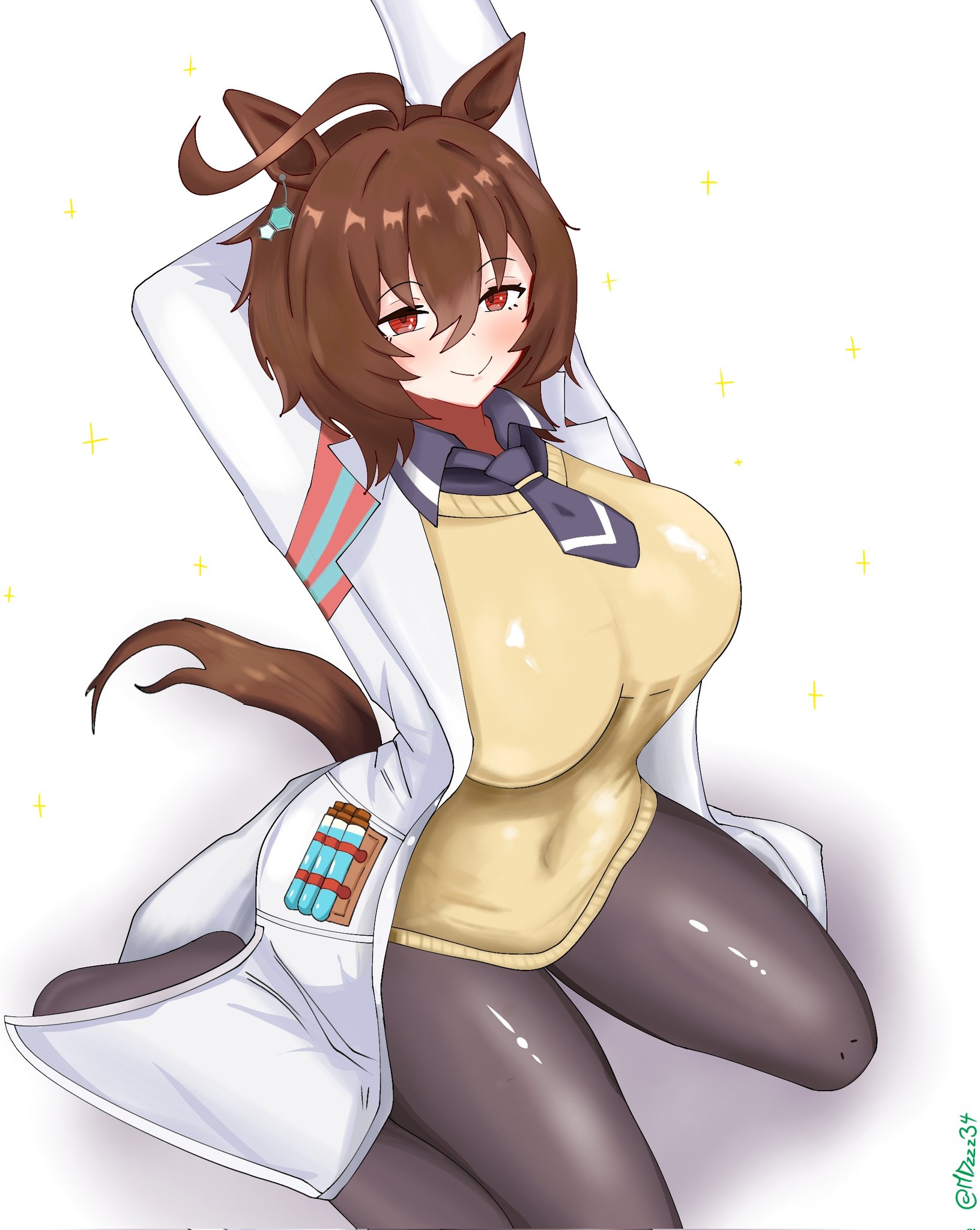 1girls, agnes tachyon (umamusume), animal ears, antenna hair, big breasts, blush, breasts, brown hair, clothing, female, female only, huge breasts, looking at viewer, mdzzz34, necktie, pantyhose, short hair, smile, solo, sparkle, striped, tagme, tail, umamusume, umamusume pretty derby