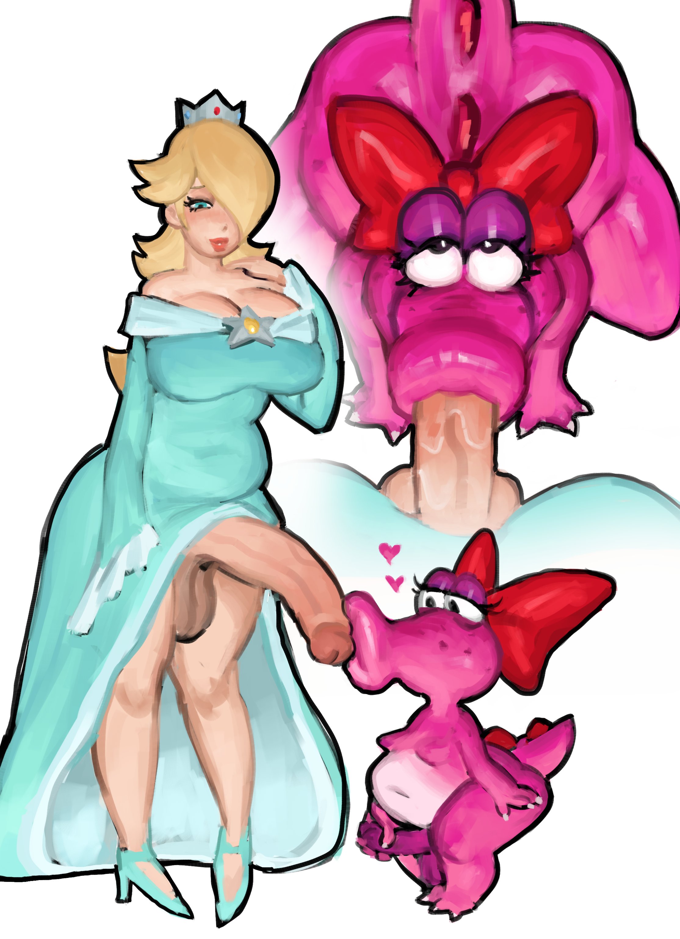 1futa, 1girls, 1transfem, big ass, big breasts, big penis, birdo, blowjob, blowjob face, bowler hat, breasts, breasts size difference, bubble butt, chubby, chubby belly, chubby female, cleavage, dress, fat ass, fellatio, futa, futa on female, futanari, human on anthro, iheartmaskmen, kissing penis, large breasts, large penis, long penis, mario (series), oral, oral sex, penis out, penis size difference, pink body, princess, princess rosalina, round ass, skirt lift, skirt up, small breasts, small penis, sucking, sucking penis, super mario bros., super mario bros. 2, super mario galaxy, tail, tearing up, tears of pleasure, thick thighs, thighhighs, thighs, trans woman, trans woman (lore), white background, whore eyes