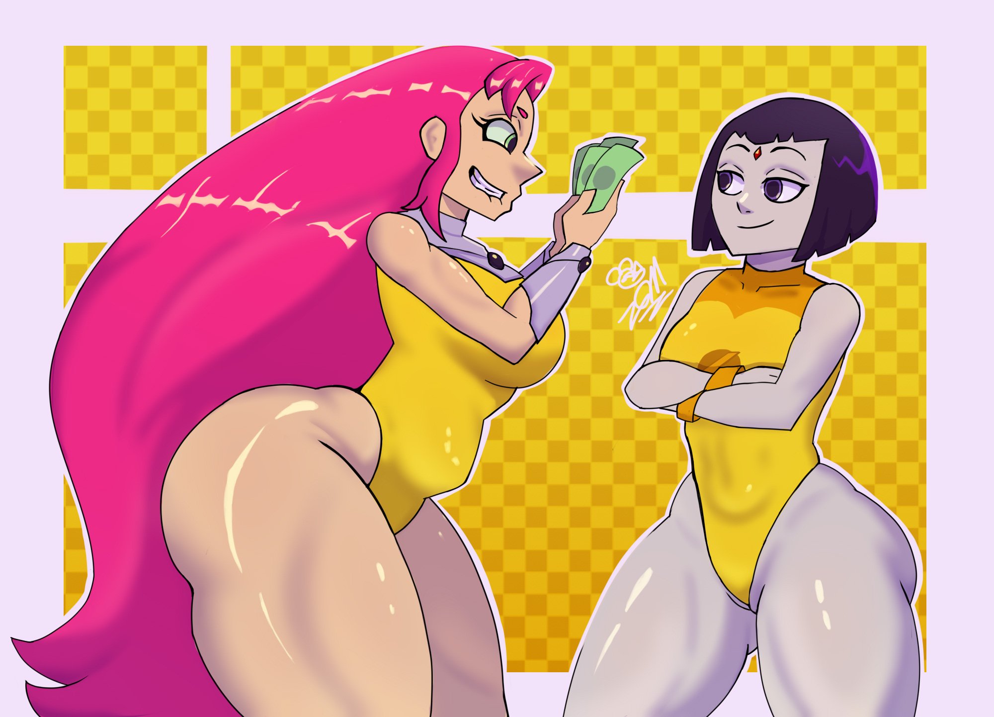 2girls, arms crossed, ass, biting lip, bodysuit, breasts, clothing, dark skin, dc, dc comics, female, female only, green eyes, holding object, huge ass, human, incredible quad, lady legasus, long hair, looking at another, nonsexual, pale skin, pink hair, purple eyes, purple hair, raven (dc), short hair, smile, starfire, tagme, teen titans, teen titans go, thick thighs, thunder thighs, tight clothing, voluptuous, wide hips, zom 36, zomdia 369