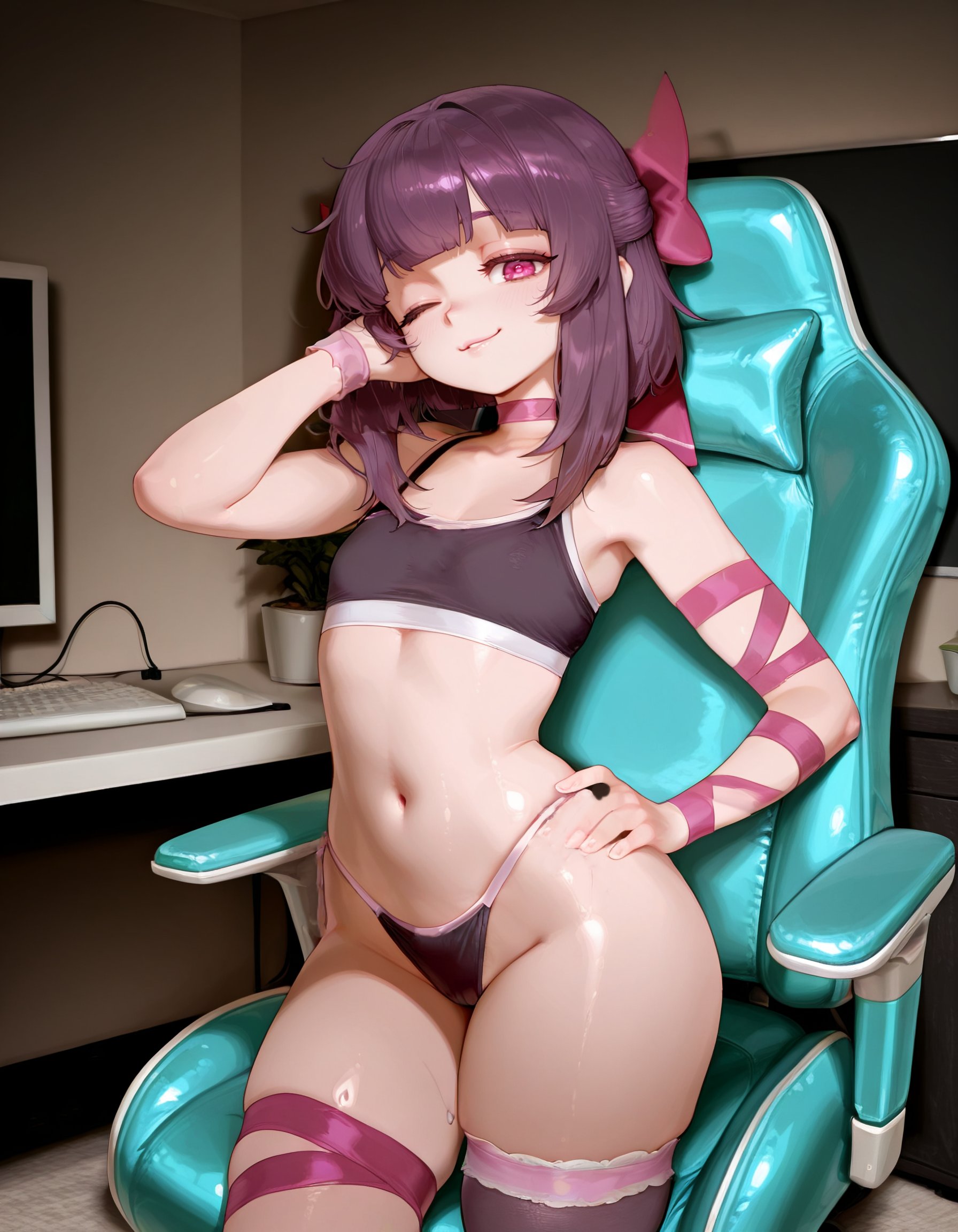 1girls, ai generated, blush, cameltoe, chair, computer, computer monitor, fallen shadow, gaming chair, indie virtual youtuber, light-skinned female, m3gens, pose, posing, purple eyes, purple hair, shondo (fallen shadow), short hair, underwear, virtual youtuber, vtuber, wink