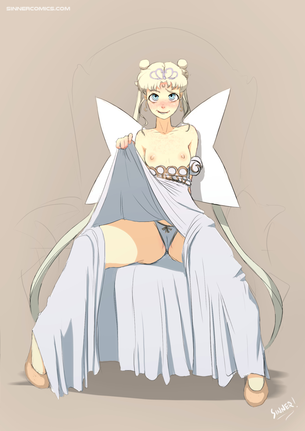 bare_shoulders bishoujo_senshi_sailor_moon blonde_hair blue_eyes blush cameltoe clothing collarbone double_bun dress dress_lift female flat_chest gradient_background long_hair neo_queen_serenity nipples panties sillygirl sinner sitting solo tiara tied_hair twintails usagi_tsukino web_address