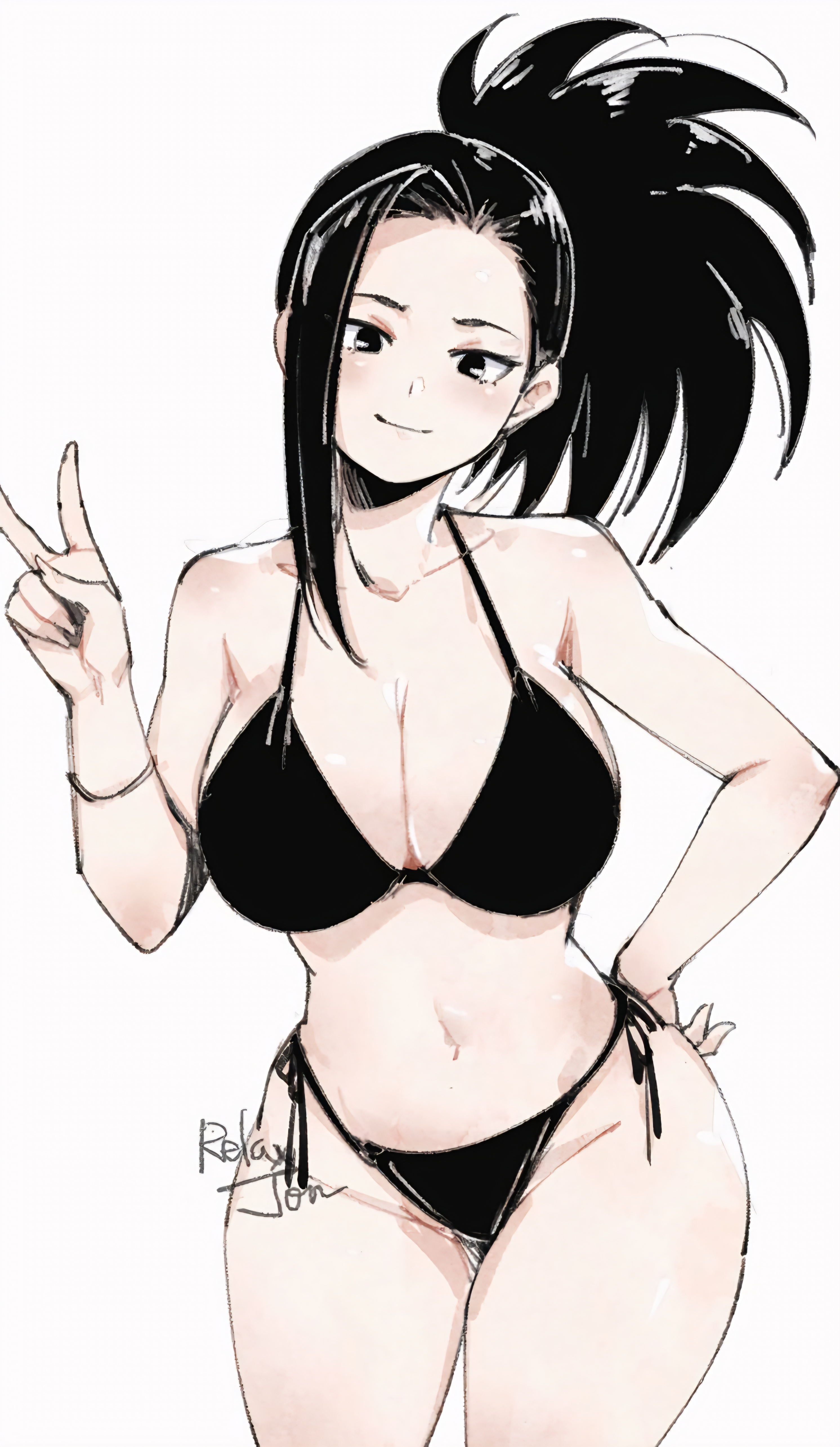 bikini, black hair, momo yaoyorozu, my hero academia, relaxjon, solo, white background, yaoyorozu momo