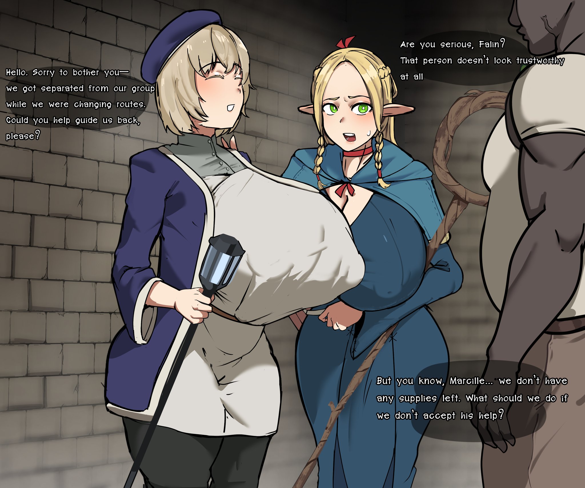 1boy, 2girls, big breasts, boob window, breasts, clevage, curvy, curvy figure, dark-skinned male, dialogue, dungeon meshi, enormous breasts, falin touden, fat male, female, female focus, giant breasts, gigantic breasts, hourglass figure, huge breasts, hyper breasts, large breasts, marcille donato, massive breasts, nipples visible through clothing, shinhyunxi, text, ugly bastard, voluptuous, voluptuous female